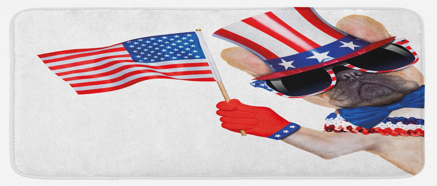 Ambesonne 4th of July Patriotic Kitchen Mat - Cute Pug Dog Waving American Flag Design, Non-Slip Plush Rug for Kitchen Floor, 47x19 Inches, Red & Blue - Perfect for Independence Day Decor & Pet Lover Gifts