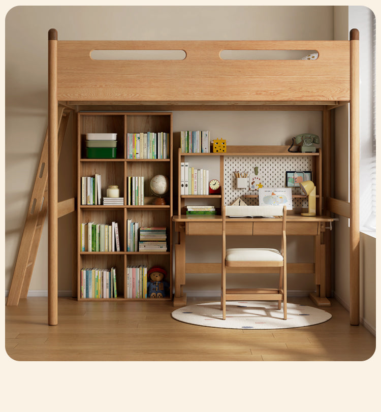 Solid Oak Wood Loft Bed with Storage Cabinet - Space-Saving Furniture for Small Rooms, Kids Bedroom & Dormitory