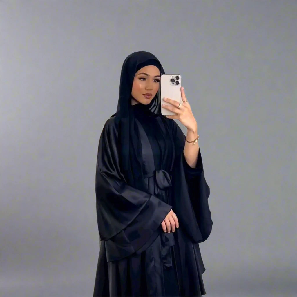 Elegant Muslim Women's Open Abaya Dress - Modest Satin Prayer Gown for Islamic Occasions & Daily Wear
