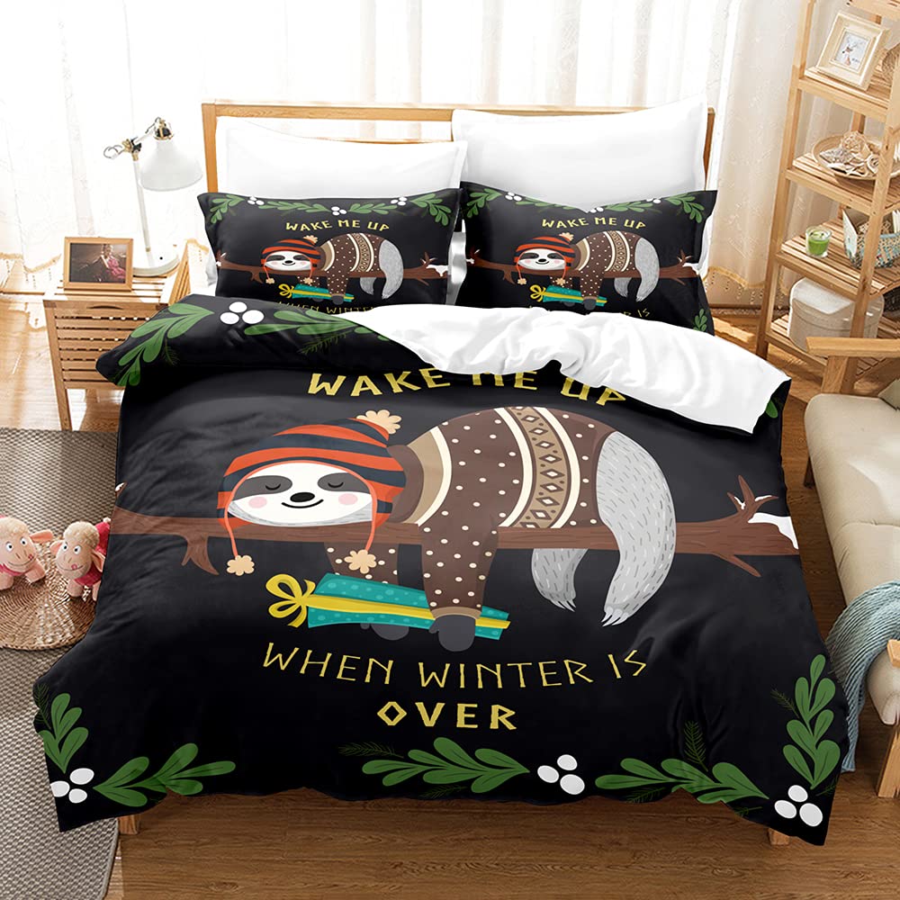 Cartoon Sloth Duvet Cover Set - Queen Size Bedding with Pillowcases (No Comforter Included) | Christmas Themed Sloth Print for Kids & Teens Bedroom Decor