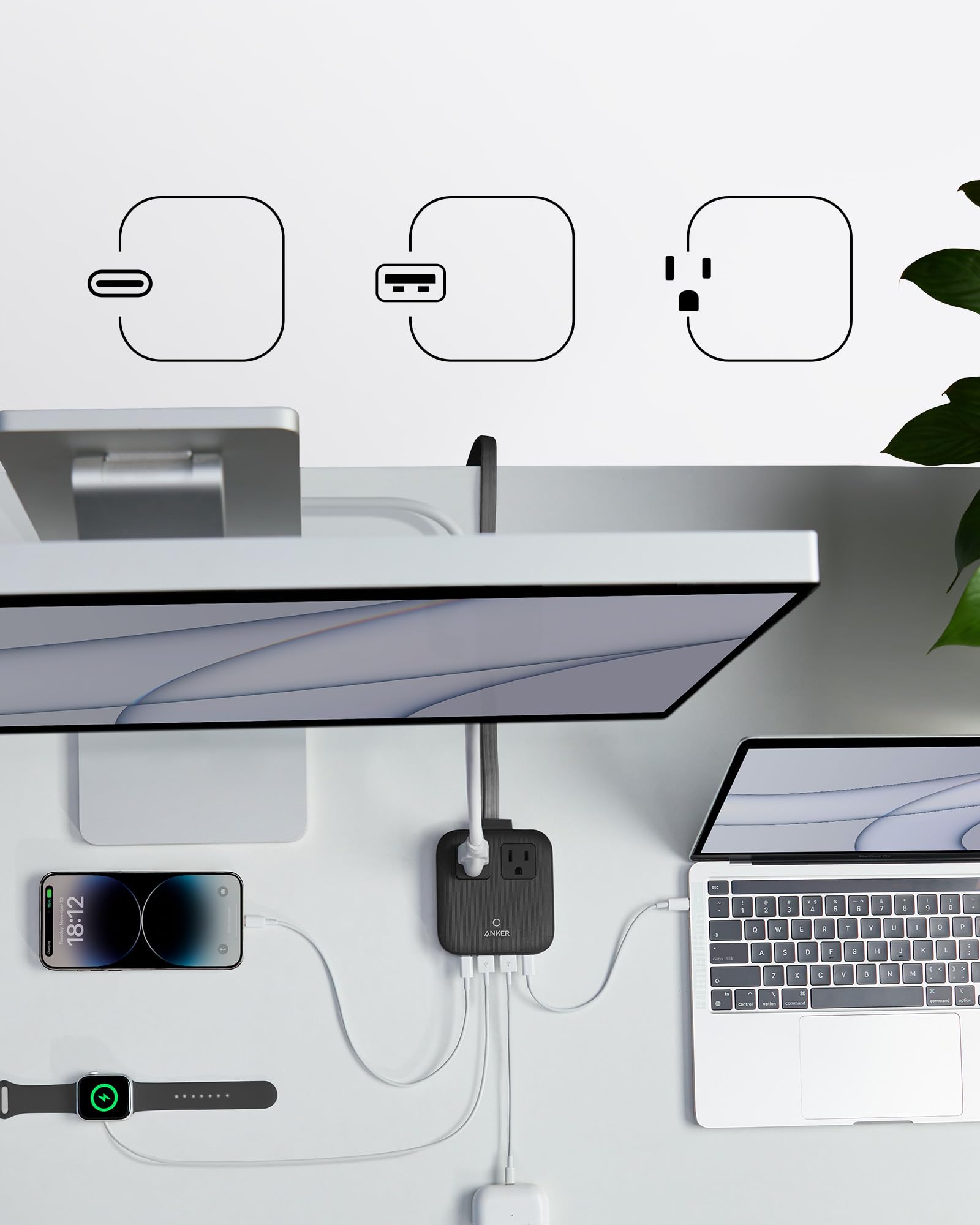 Anker Nano Charging Station (67W Max) - 6-in-1 USB C Power Strip with Flat Plug & 5ft Extension Cord for iPhone 15/14, MacBook, iPad, Samsung Galaxy - 2 AC Outlets, 2 USB A & 2 USB C Ports - Perfect for Home, Office, Dorm & Travel (Black Stone)