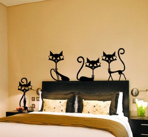 4 Pack Black Fashion Cat Wall Decals - Self-Adhesive Vinyl Stickers for Living Room, TV Wall & Kids Bedroom Decor (65x30cm) - Perfect for Home, Office & Nursery Wall Art