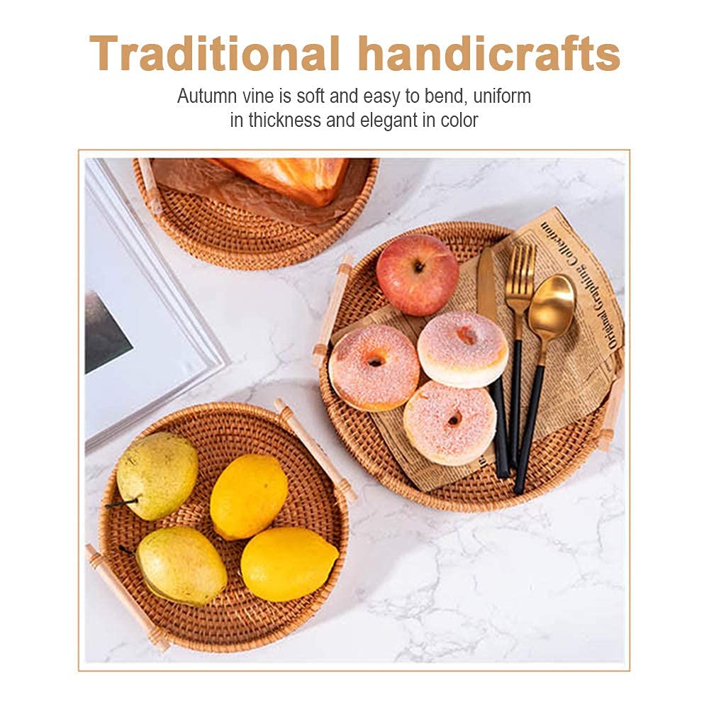 Hand-Woven Round Rattan Tray - 24cm Portable Wicker Basket with Handle for Fruit, Snacks, Breakfast Display & Storage | Perfect for Kitchen, Dining Table, Picnic & Home Decor