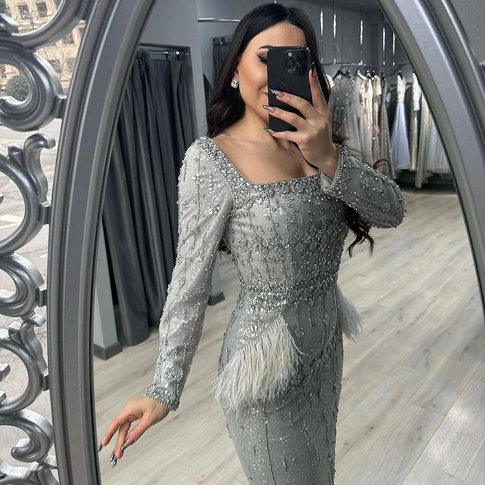Elegant Silver Gray Mermaid Tea Length Evening Dress with Feathers - LA71669L - Perfect for Prom, Cocktail Parties & Formal Events