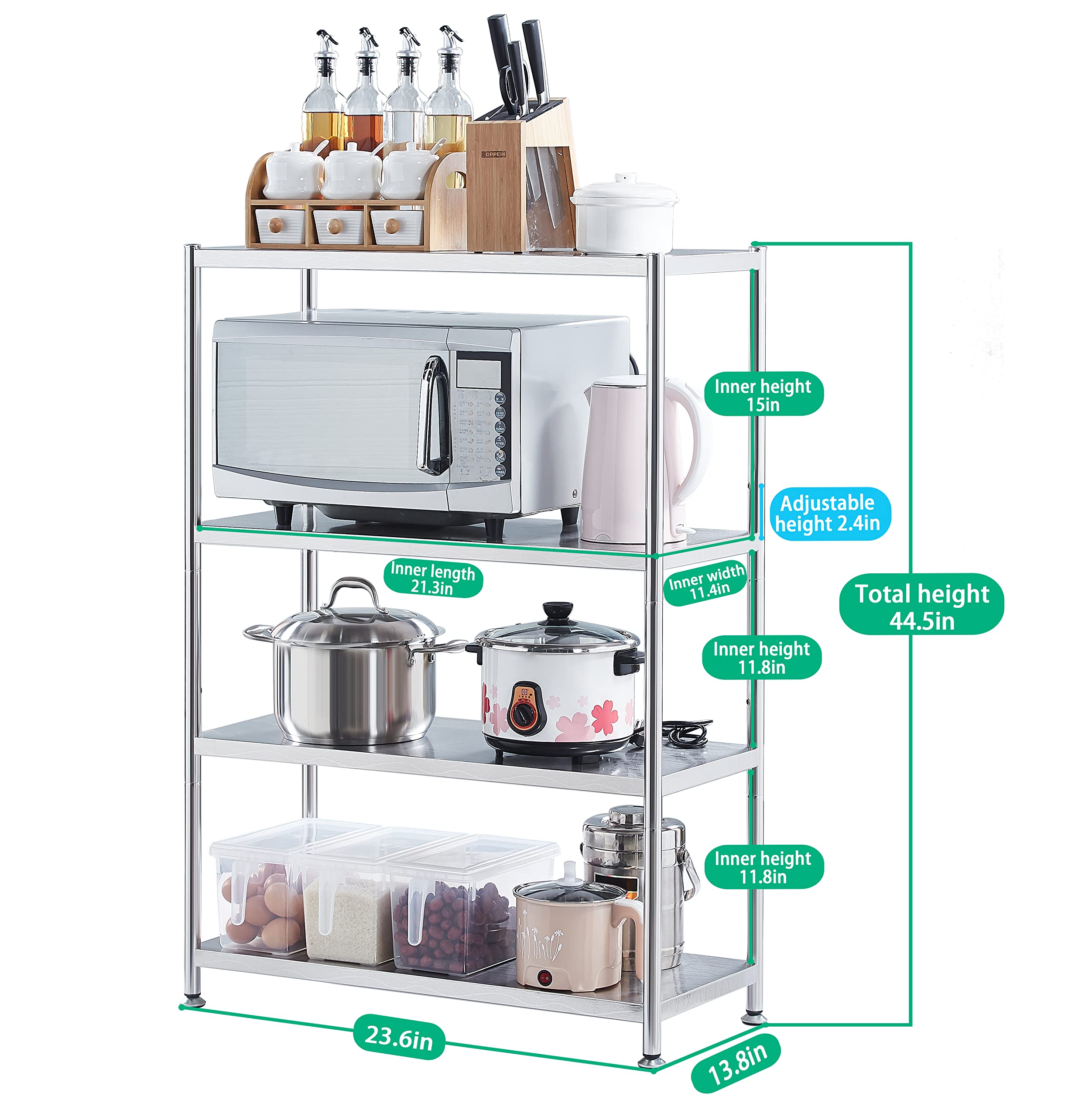 Stainless Steel Shelves 23.6 Inch 4-Tier Kitchen Storage Shelf Organizer - Heavy Duty, Waterproof, Artistic Texture for Pantry, Garage, Bathroom & Commercial Use