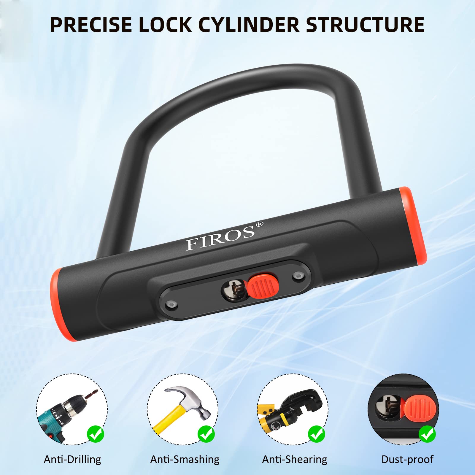 **FIROS Heavy Duty 16mm Bike U Lock - Anti-Theft Bicycle Lock with 5ft Steel Cable & Mounting Bracket - Secure Road Bikes, Mountain Bikes & Commuter Bicycles for Urban & Outdoor Use**