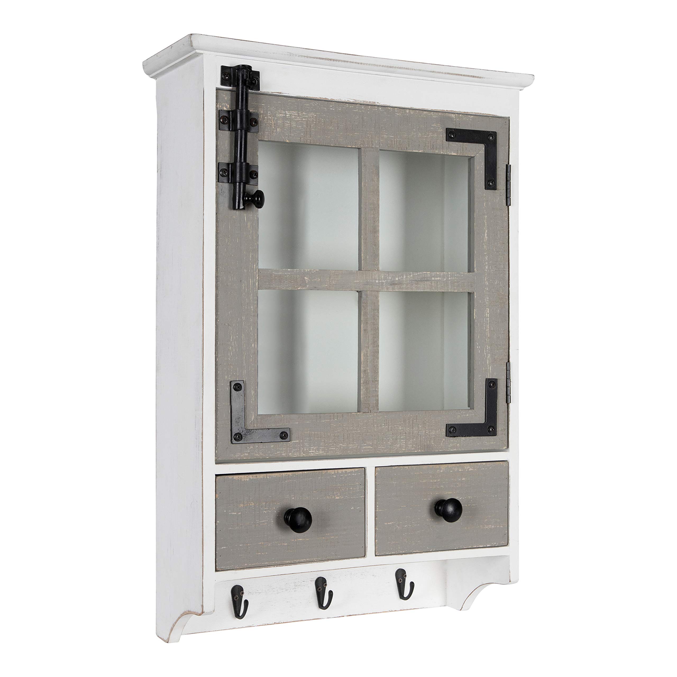 Kate & Laurel Hutchins Farmhouse Wall Cabinet - White & Gray Wooden Storage with Glass Door & 2 Drawers | Rustic Home Decor for Kitchen, Bathroom or Entryway Organization