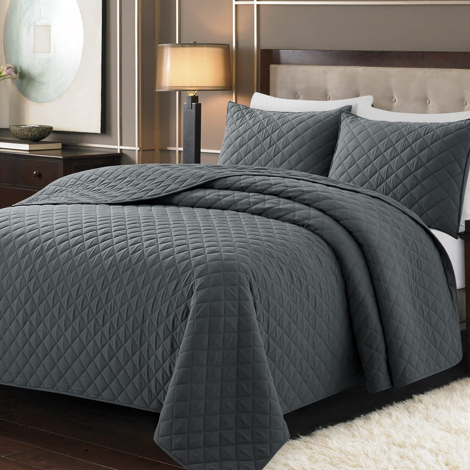 Safonory Dark Grey Quilt Full/Queen Size - Ultra Soft Lightweight Microfiber Diamond Stitched Bedspread Set - 3 Piece Gray Coverlet for Queen Bed (1 Quilt + 2 Shams) | Breathable Summer Bedding for Guest Rooms & Master Bedrooms