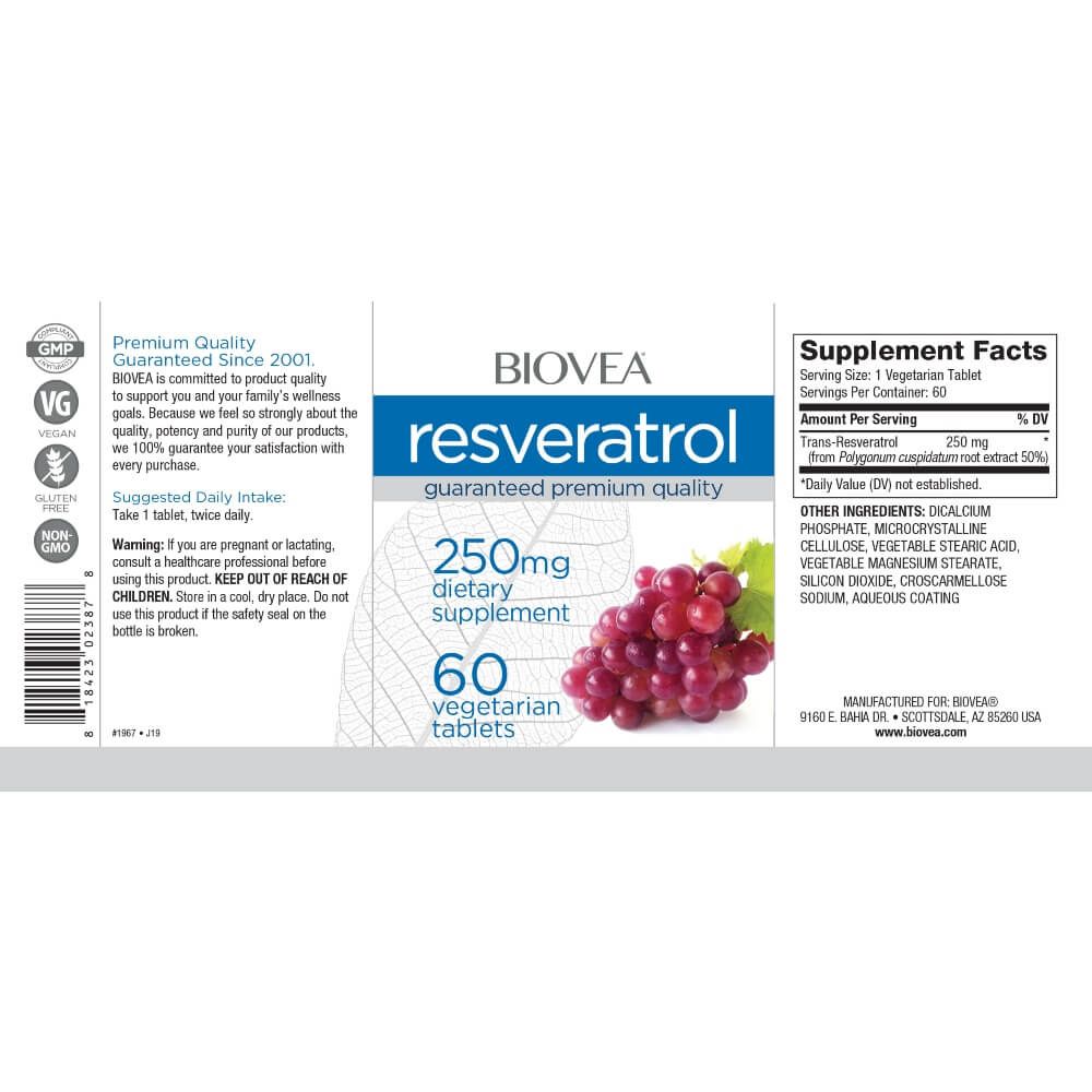 Biovea Resveratrol 250mg - 60 Vegetarian Capsules - Antioxidant Supplement for Heart & Brain Health - Supports Anti-Aging & Cellular Health - Perfect for Daily Wellness Routine