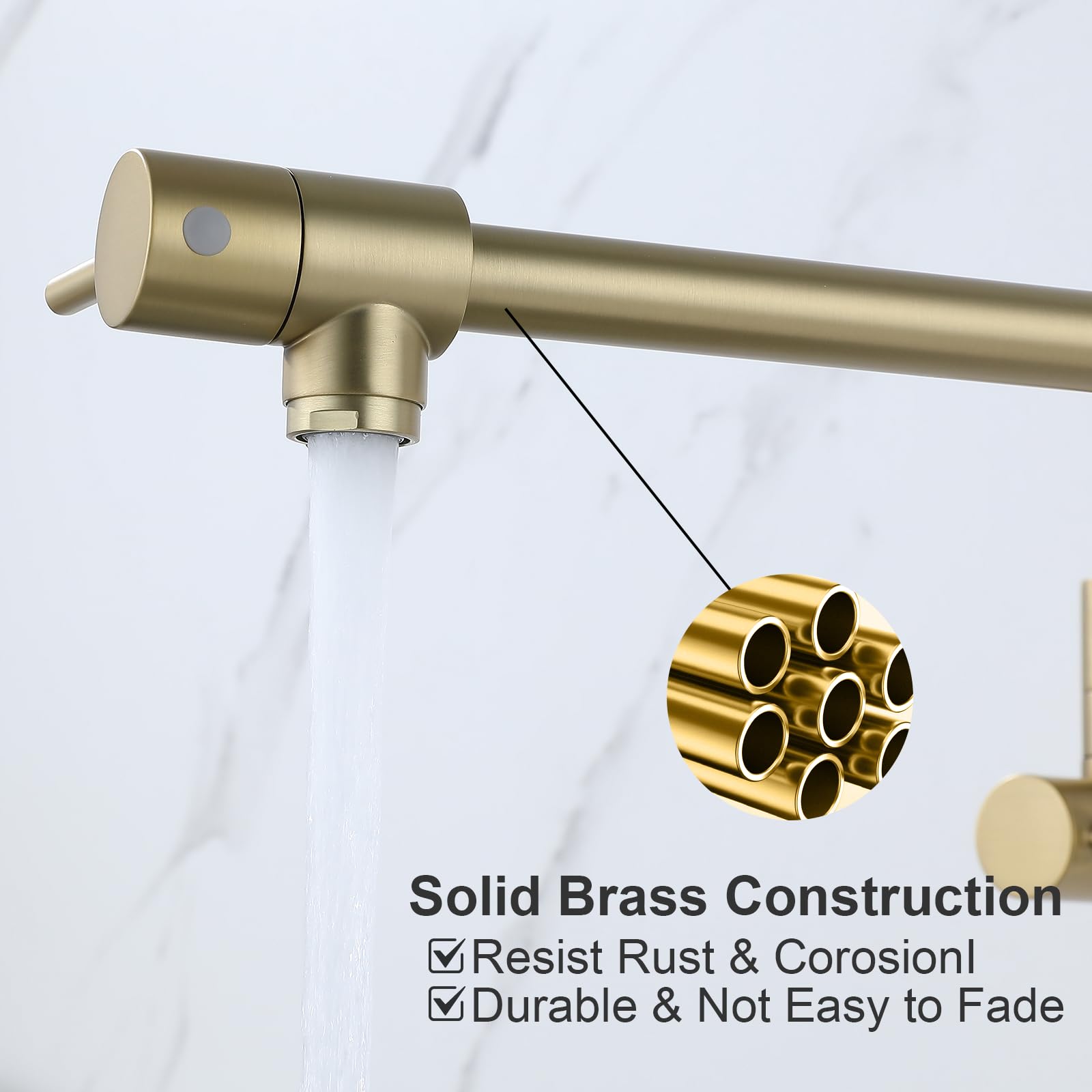 TRJIKAG Brushed Gold Kitchen Faucet with Dual Handles & Swing Arms - Commercial Brass Pot Filler for Sink and Stove - Ideal for Modern Kitchens and Cooking Stations