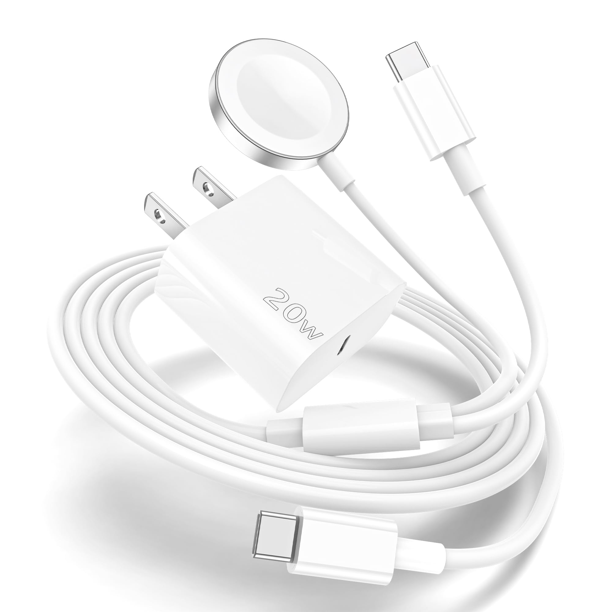 Apple Watch Charger & iPhone 15 Charger 2-in-1 Combo - MFi Certified Magnetic USB-C Fast Charging Cable (6FT) with 20W Wall Adapter - Compatible with Apple Watch Series SE/9/8/7/6/5/4/3/2/1 & iPhone 15 - Perfect for Travel, Office & Nightstand Charging