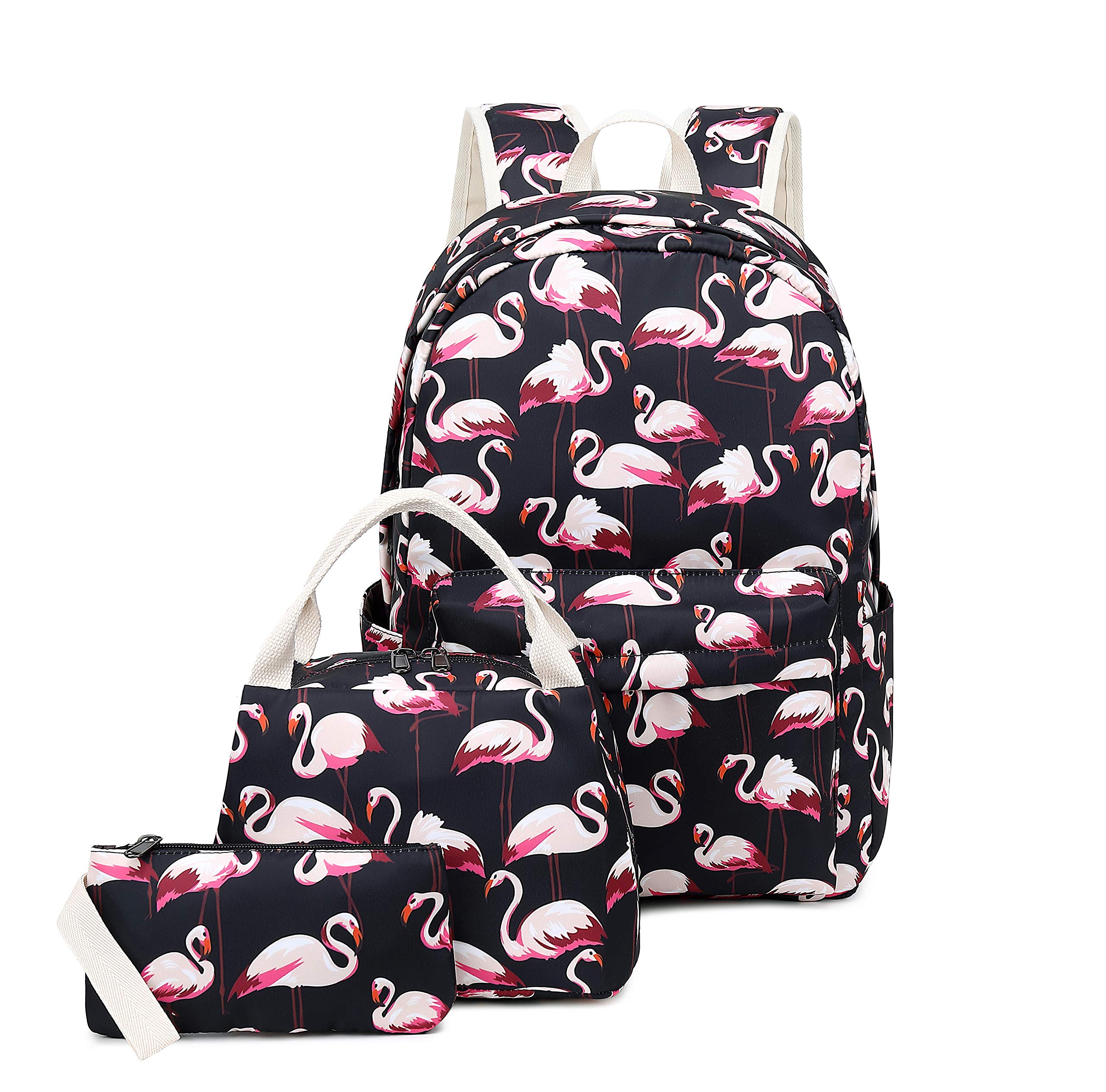 Joymoze Lightweight Cute Backpack Set for School - Includes Lunch Tote Bag & Pencil Case, Black Flamingo Print - Perfect for Students, Girls, Teens & Daily Use