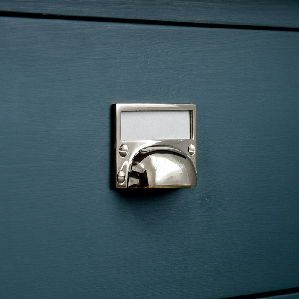 Polished Nickel Hooded Drawer Handle with Card Frame - Modern Cabinet Pull for Kitchen & Bathroom Renovation - Perfect for Dressers, Cabinets and Furniture Upgrades