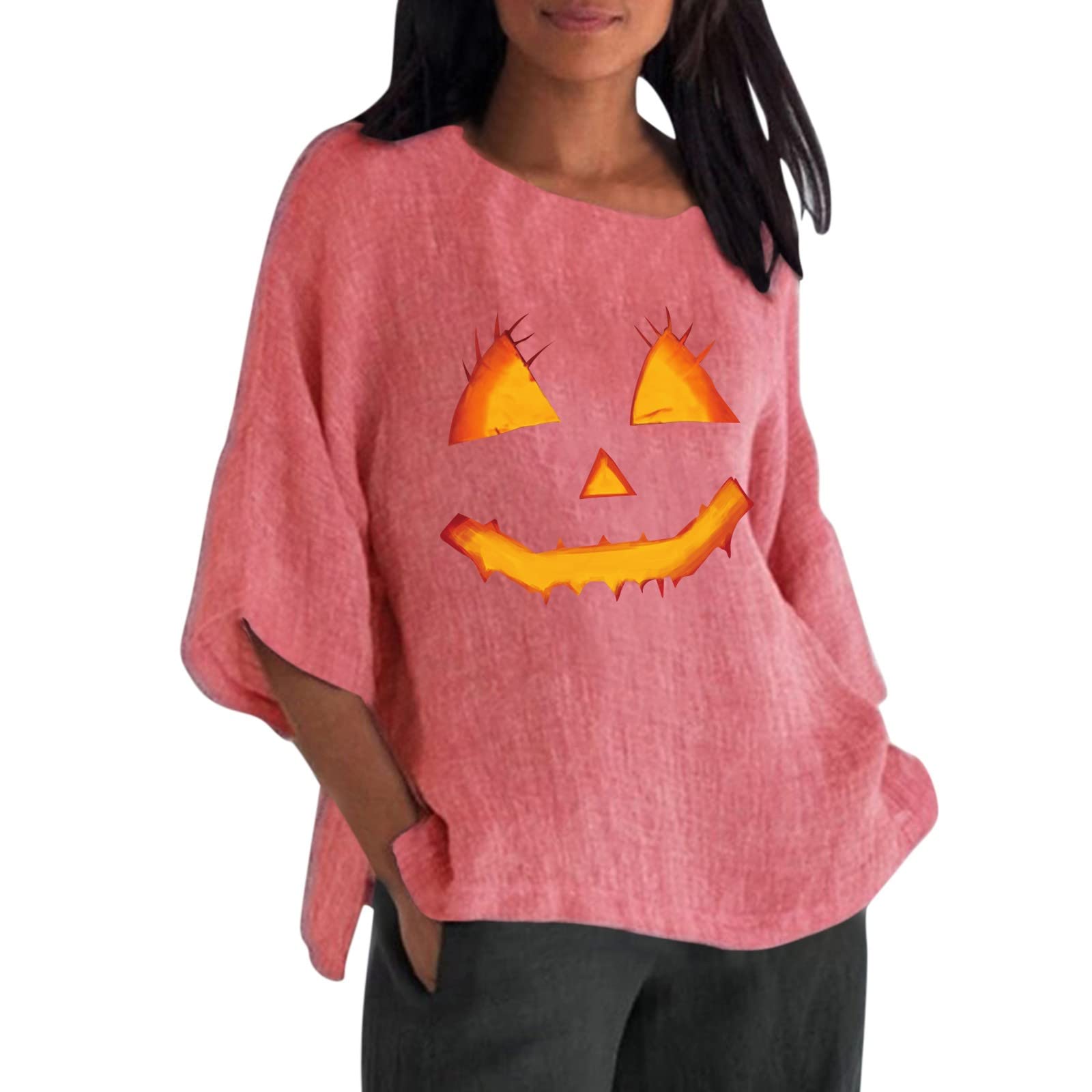 Steampunk Halloween Costumes for Women - 3/4 Sleeve Crew Neck Pumpkin Print Loose T-Shirt Top | Vintage Gothic Cosplay Outfit for Halloween Parties, Theme Events & Photoshoots