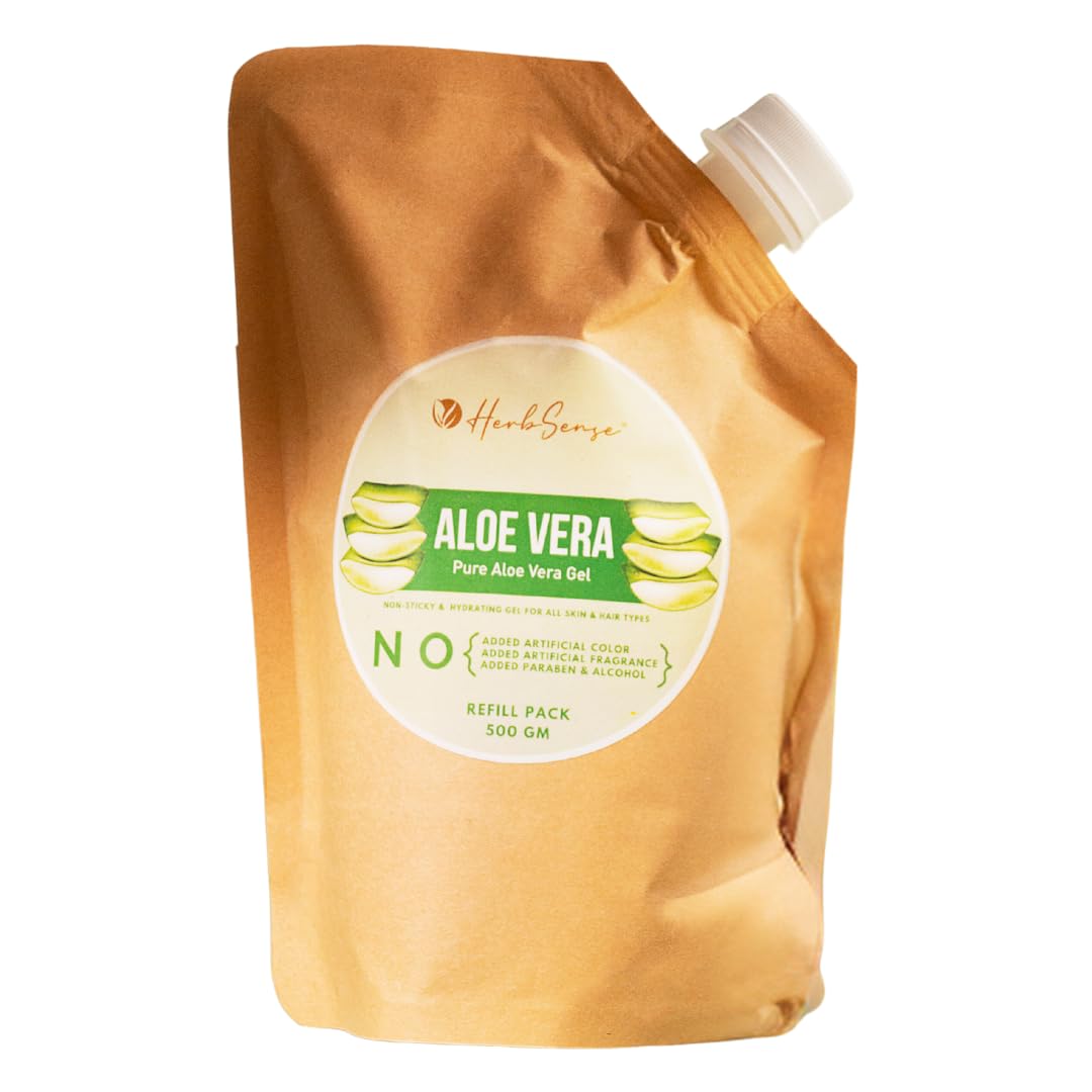 Herbsense Pure Aloe Vera Gel Refill Pack - 17.6oz Multipurpose Skin & Hair Care Gel for Hydration, Sunburn Relief & Scalp Treatment - Ideal for Face Moisturizer, After Sun Care & Hair Conditioning