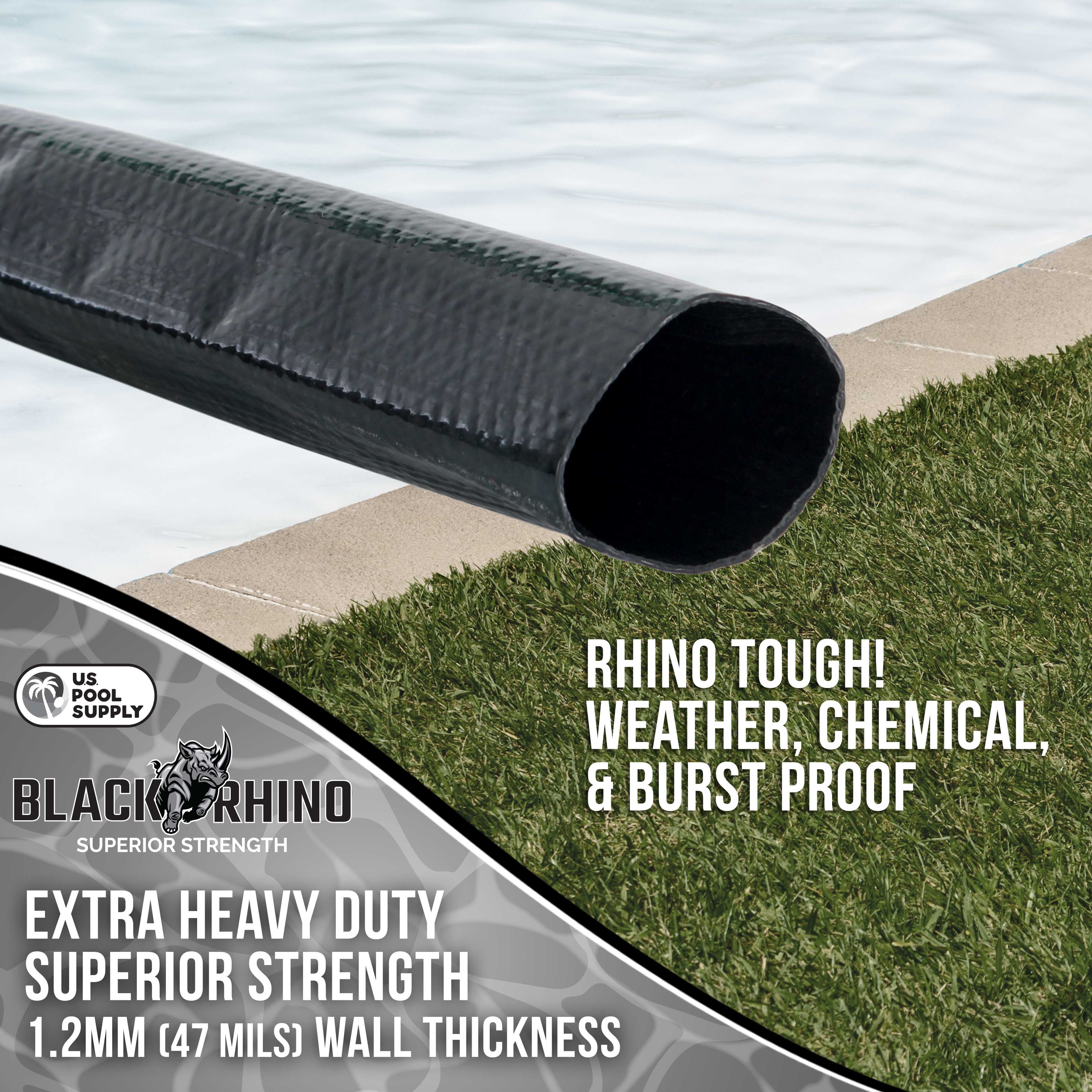 U.S. Pool Supply® Black Rhino 2-Pack 50' Heavy Duty Backwash Hose with Hose Clamp - 1.2mm Thick Weather-Resistant Pool Maintenance Hose for Inground & Above Ground Pools