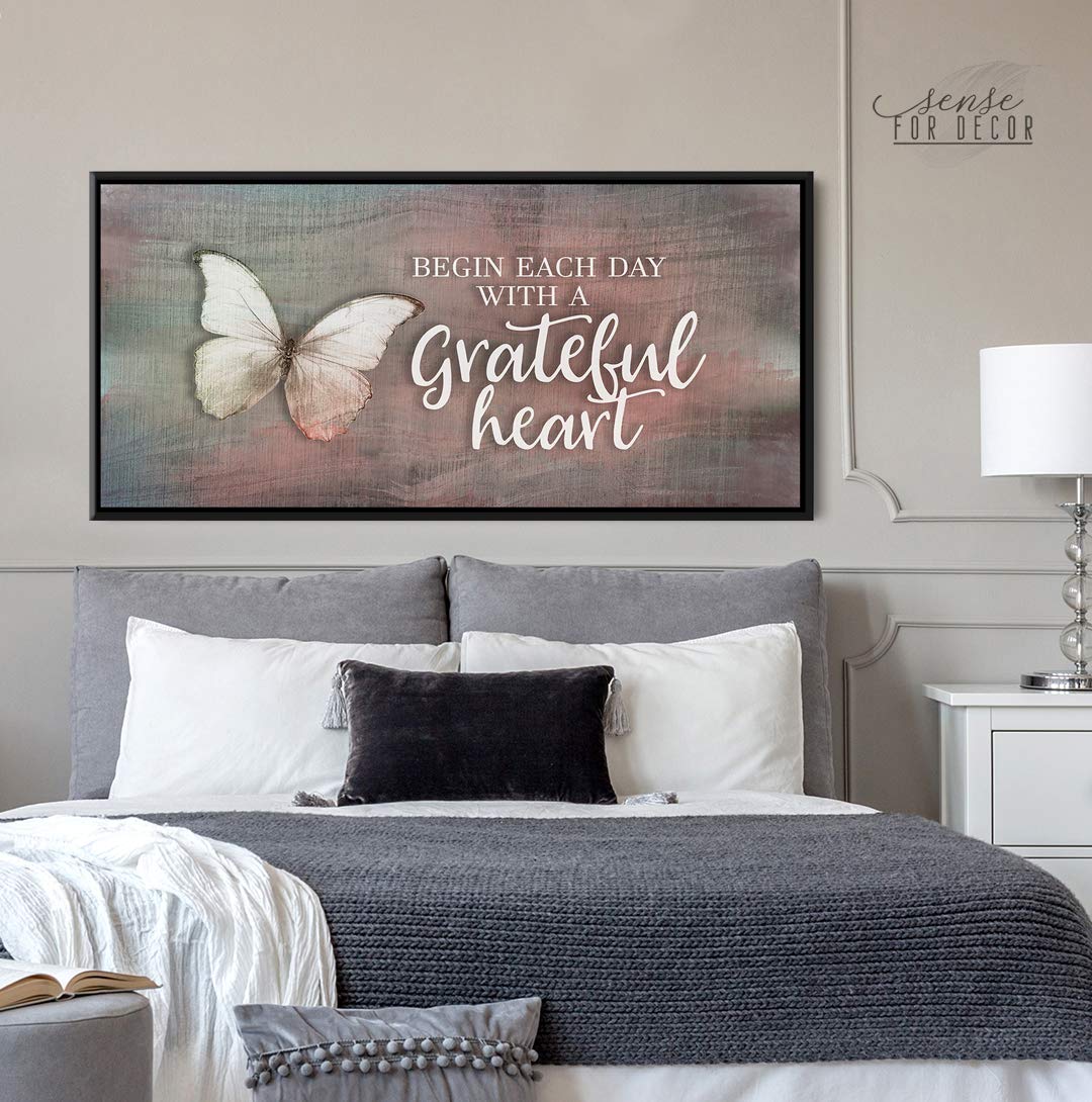 Inspirational Wall Art - 'Begin Each Day' Motivational Quote Canvas Print with Pink Butterfly Design, Religious Blessed Décor, Large 42x19 Inch Black Floating Frame - Perfect for Home, Office & Gift Giving