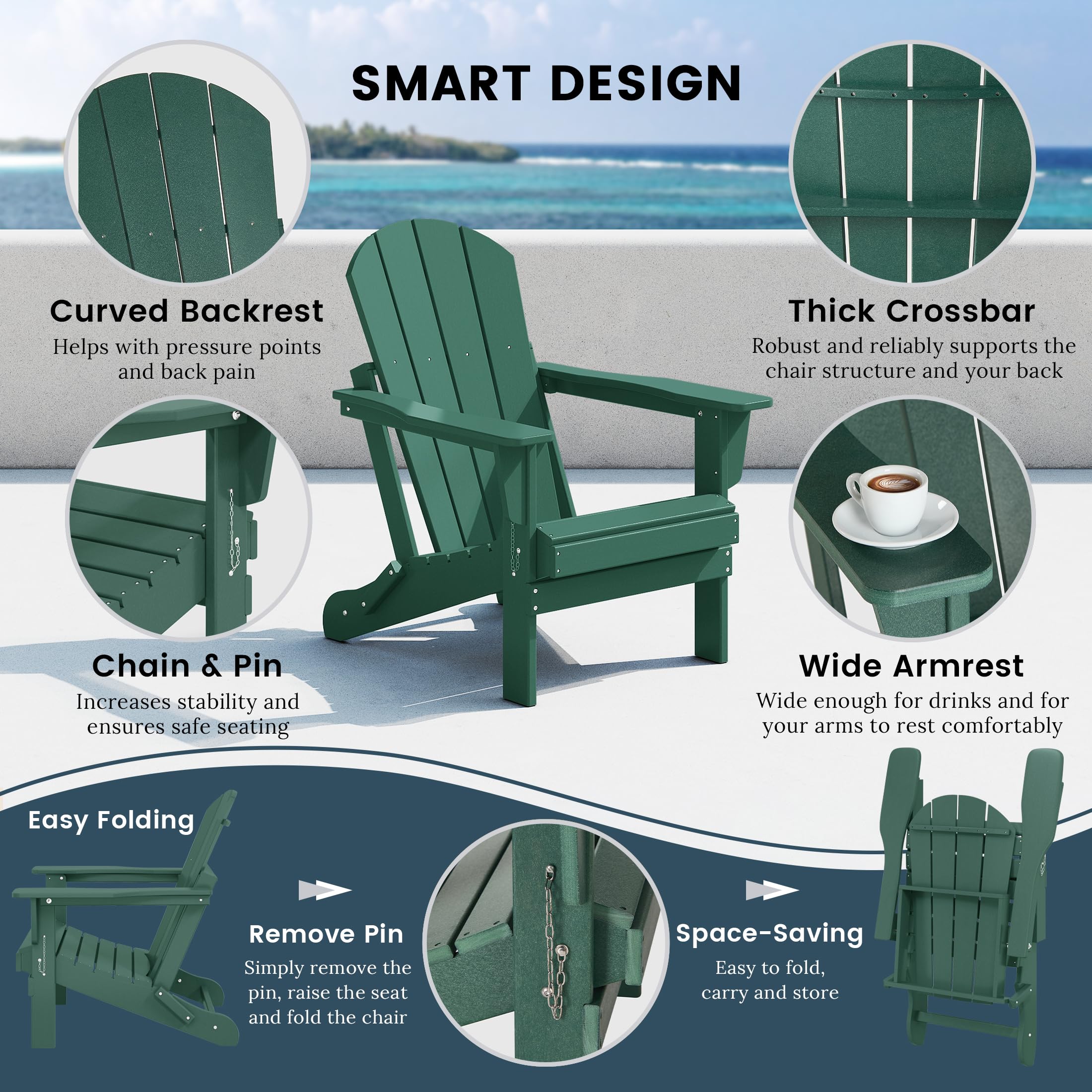WO Home Furniture Adirondack Chair - Outdoor Folding Lounger for Fire Pit, Beach, Balcony, Backyard, Lawn, Patio, Pool, Deck & Garden - Comfortable Dark Green Relaxation Chair for Outdoor Living Spaces