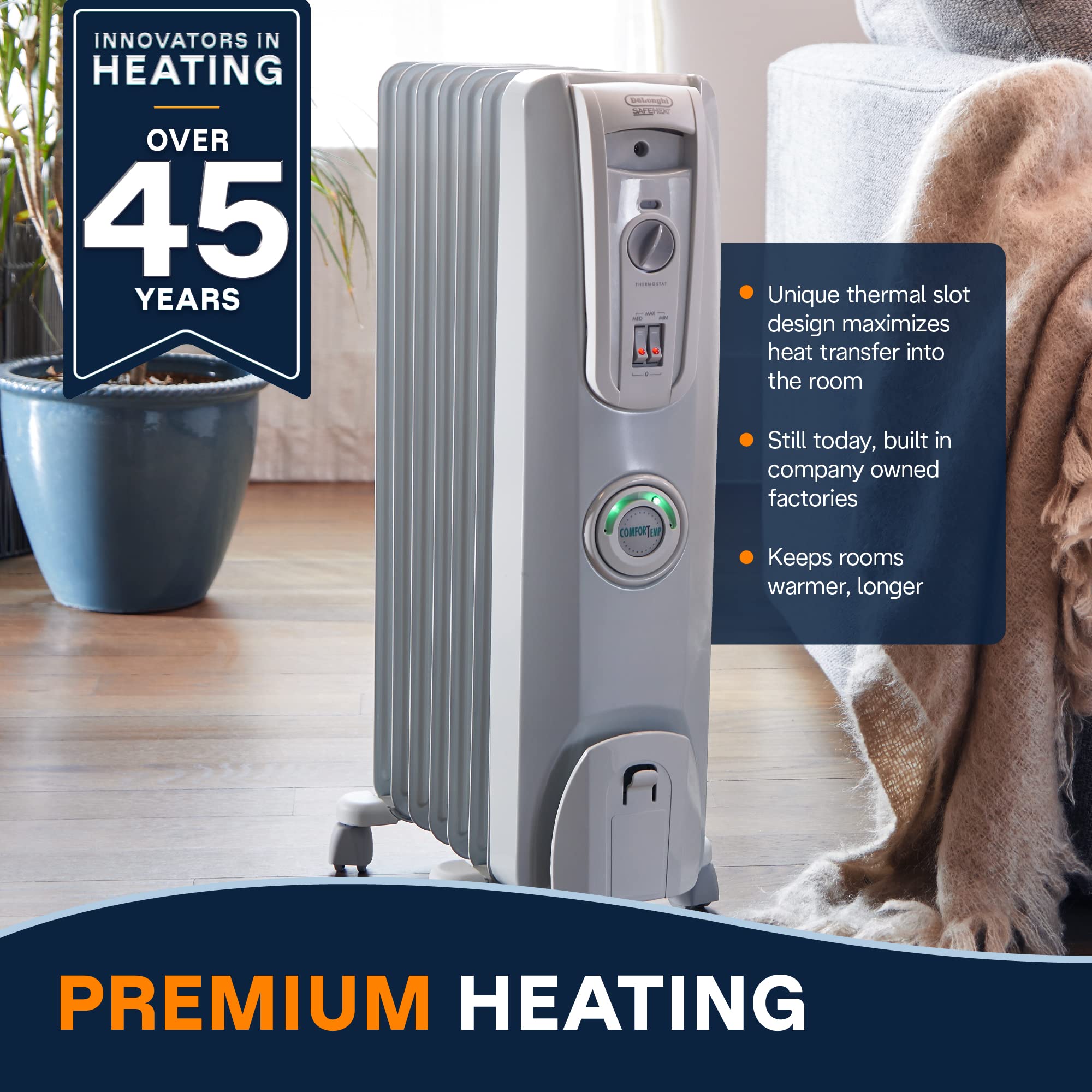 De'Longhi EW7707CM 1500W Oil Filled Radiator Heater - Energy Efficient Portable Space Heater for Indoor Use in Bedroom, Office & Living Room with Safety Features | Quiet Heating Solution for Winter & Cold Weather