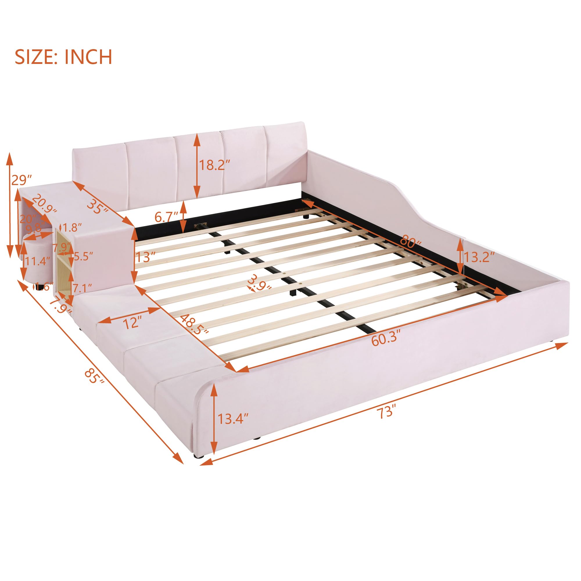 Velvet Upholstered Queen Size Platform Bed Frame with Bedside Desk & Stool - Wooden Floor Bed for Kids & Adults - Pink Bedroom Furniture for Small Spaces & Cozy Sleeping