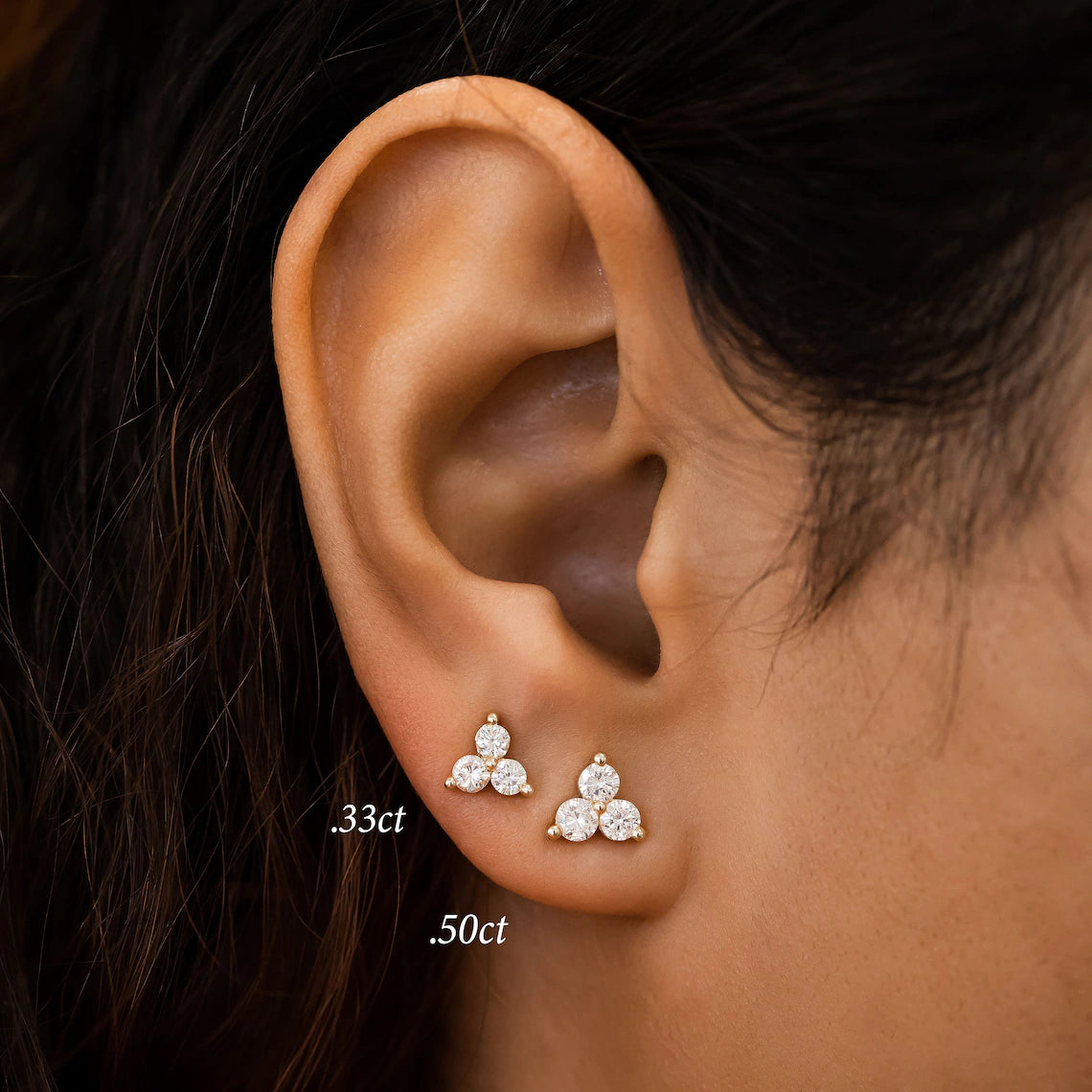 3 Stone Trio Triangle Cluster Diamond Stud Earrings (1 Pair) - 14K White Gold Dainty Earrings for Women, Gift for Her - Perfect for Weddings, Anniversaries & Special Occasions