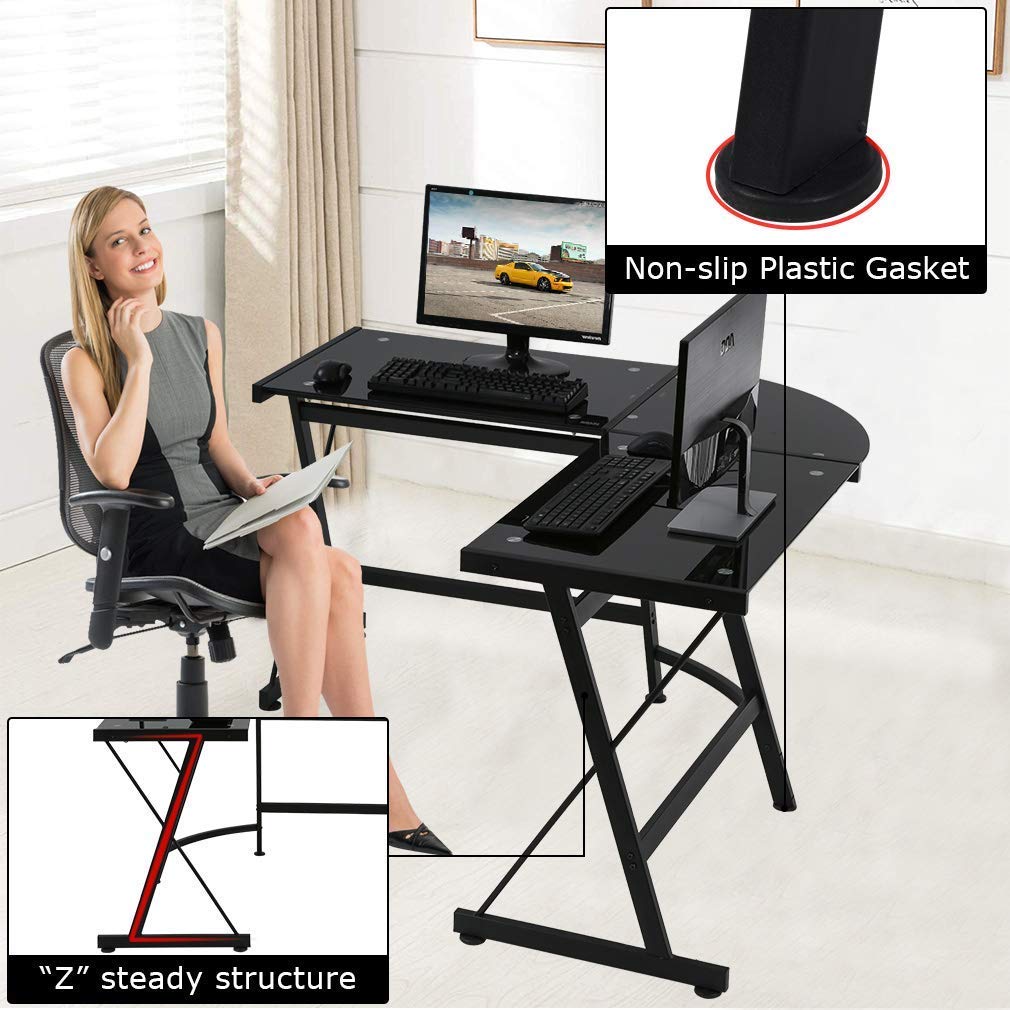 XXFBag Black L-Shaped Glass Computer Desk with Keyboard Tray & CPU Stand - 3-Piece Office Gaming Corner Workstation for Home, Study, Writing & PC Setup | Perfect for Small Spaces & Multi-Tasking