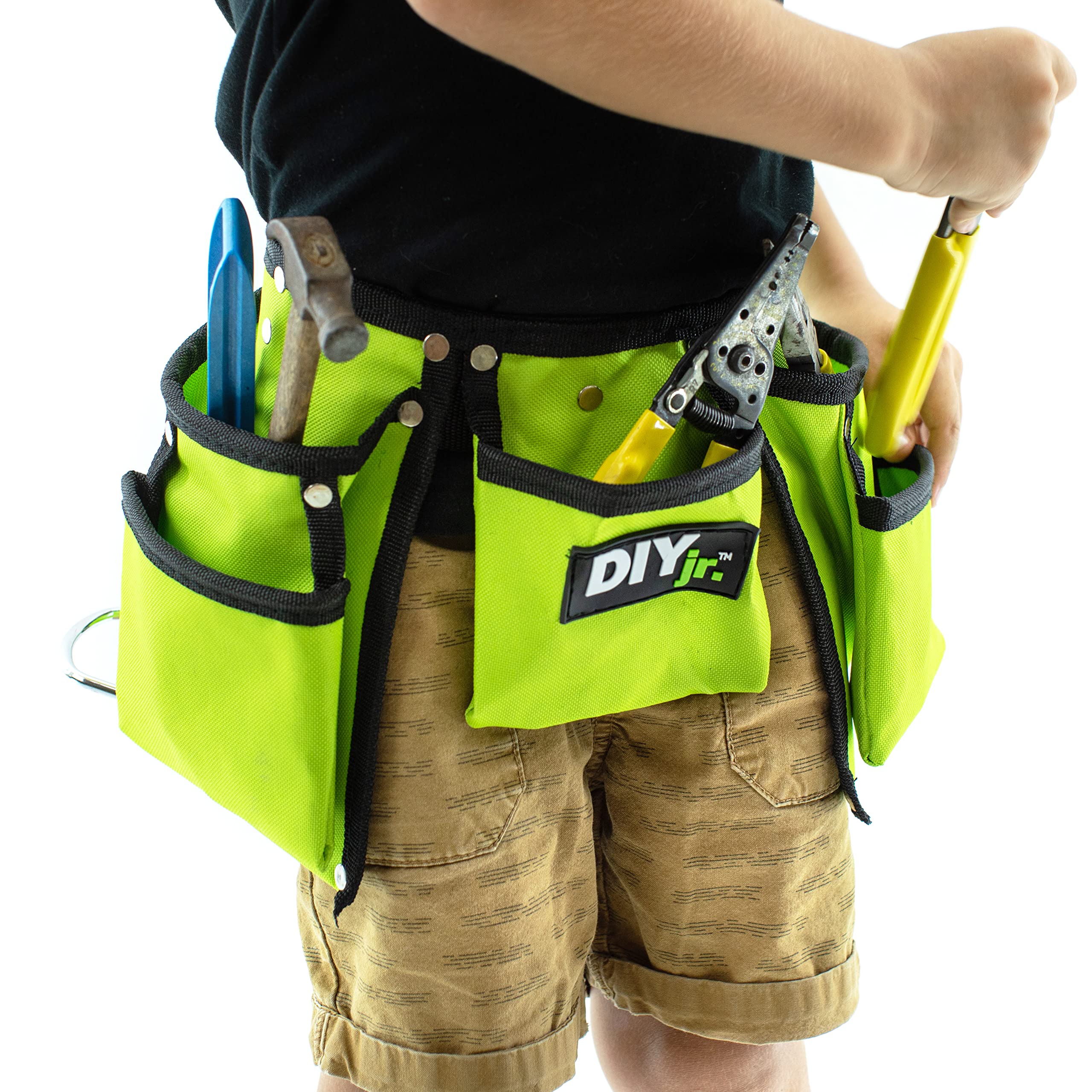 My First Tool Belt Green by DIYjr - Adjustable Kids Tool Belt for Boys & Girls, Durable Construction Apron for Junior Carpenters - Perfect for DIY Projects, Pretend Play & Woodworking Activities