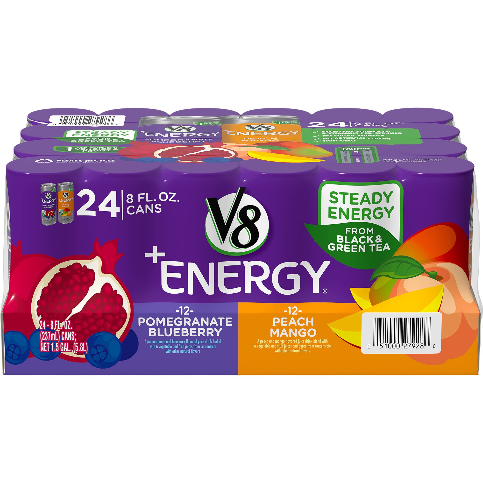 Zill V8 Energy Variety Pack - 24 Healthy Energy Drinks (12 Pomegranate Blueberry & 12 Peach Mango), 8oz Cans - Natural Boost for Workouts, Gaming & All-Day Energy