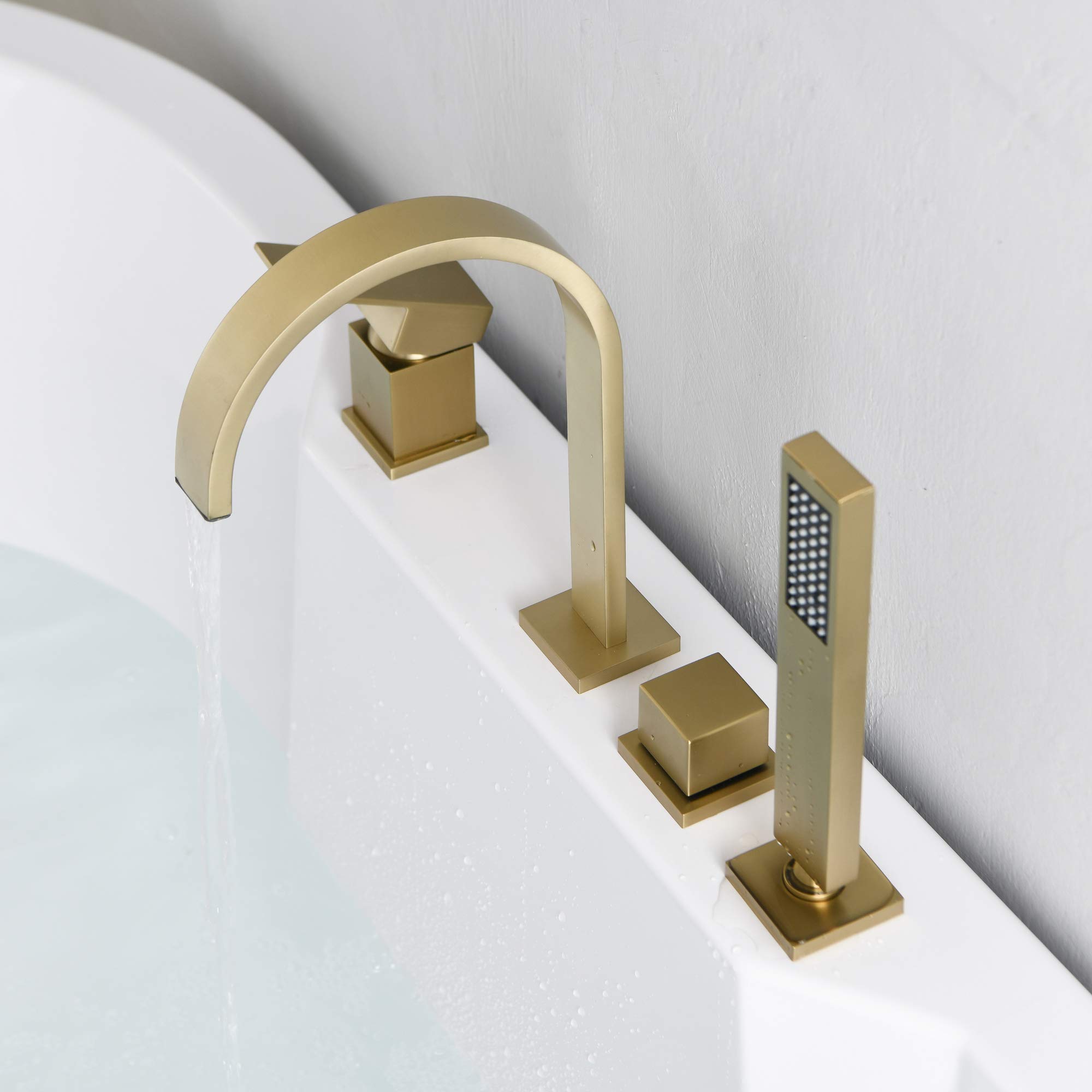Modern 4-Hole Waterfall Brushed Gold Bathtub Faucet - Roman Tub Filler with Handheld Shower - Solid Brass Bathroom Faucet for Luxury Spa Experience