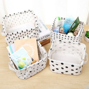 4 Pack Canvas Storage Baskets - Home Organization Bins for Makeup, Toys, Books | White & Black Set | Perfect for Nursery, Bathroom & Closet Storage