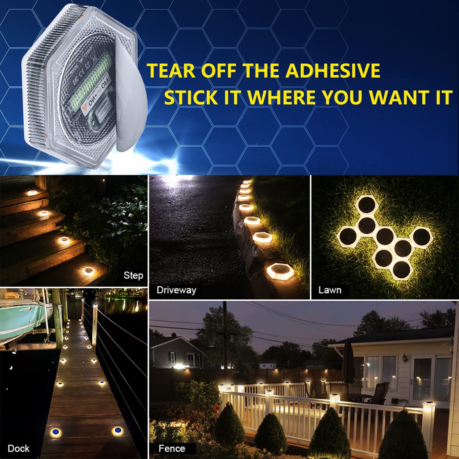 YiLaie 6-Pack Hexagon Solar Deck Lights - Waterproof Outdoor Solar Step Lights for Driveway, Fence, Stairs, Yard, Patio, Pathway & Porch - Warm White LED Solar Powered Lights for Nighttime Safety & Ambiance