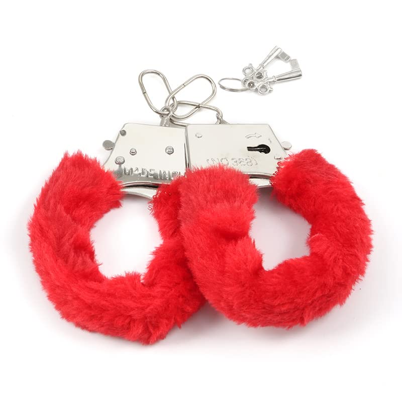 Adjustable Furry Handcuffs & Ankle Cuffs Set with Keys - Stainless Steel Bondage Restraints for Adults, SM Plush Fetish Toys, Couples Play & Cosplay Police Costume Props (Red) - Perfect for Bedroom Fun, BDSM Scenes & Roleplay Parties