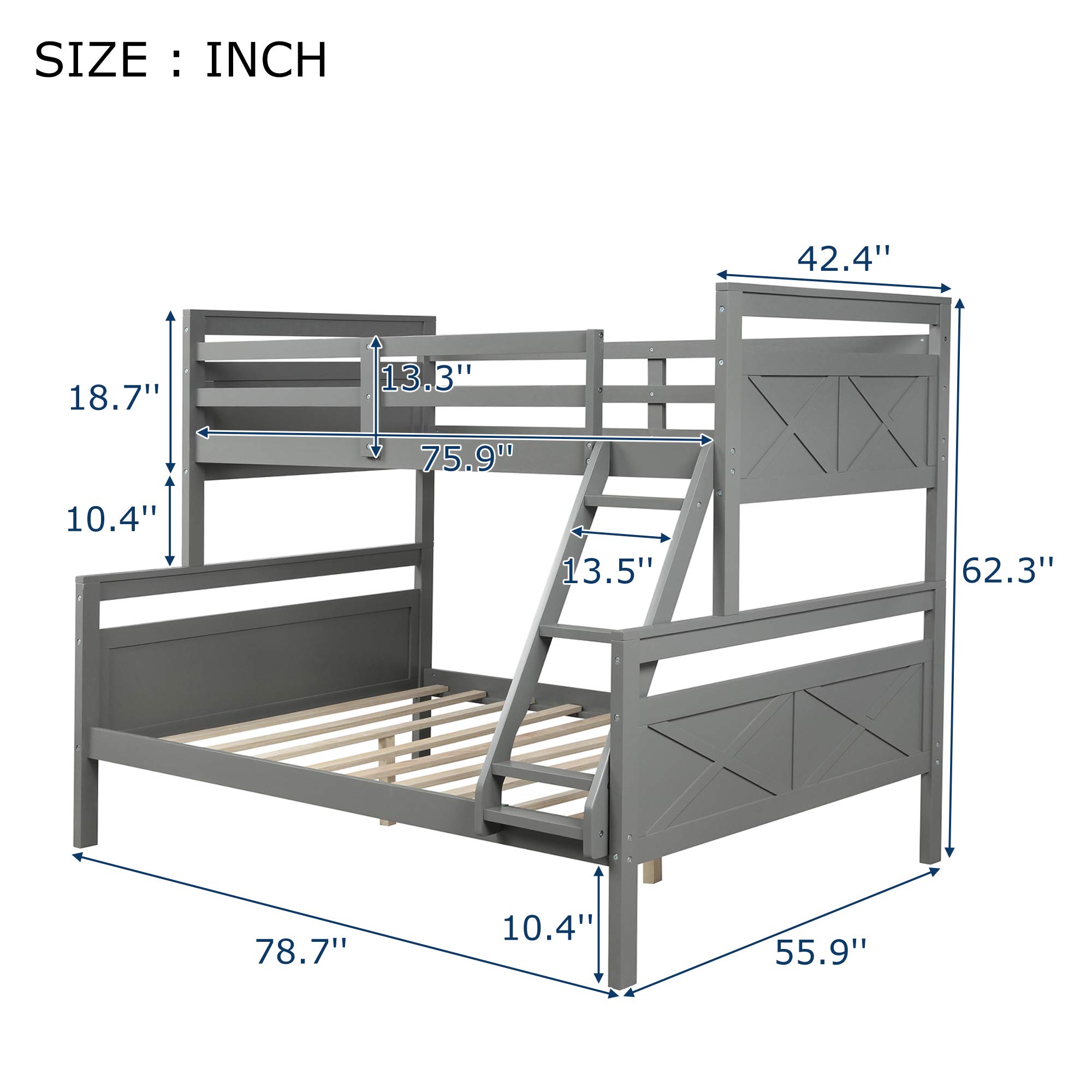Convertible Twin Over Full Bunk Bed with Ladder - Gray for Kids & Guest Rooms
