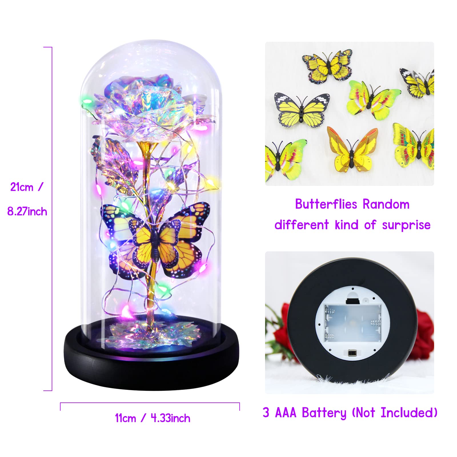 Galaxy Butterfly Rose in Glass Dome - Light Up Forever Rose Gift for Women, Mom, Grandma, Wife | Birthday, Mother's Day, Valentine's, Anniversary & Thanksgiving Present | Romantic Home Decor & Special Occasion Gift Idea