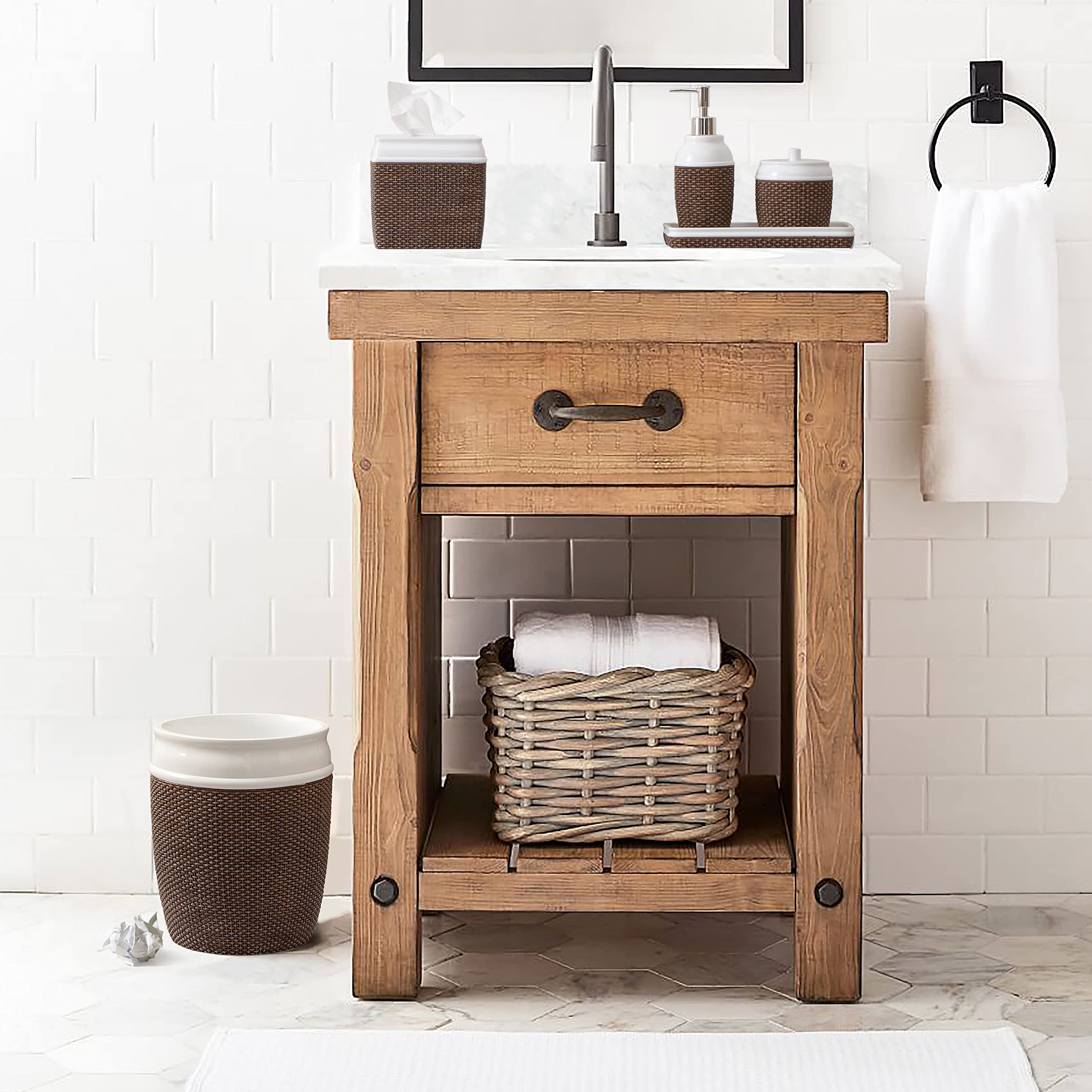 Decorative Resin Bathroom Trash Can - Brown and White Wastebasket for Home, Office & Hotel Use