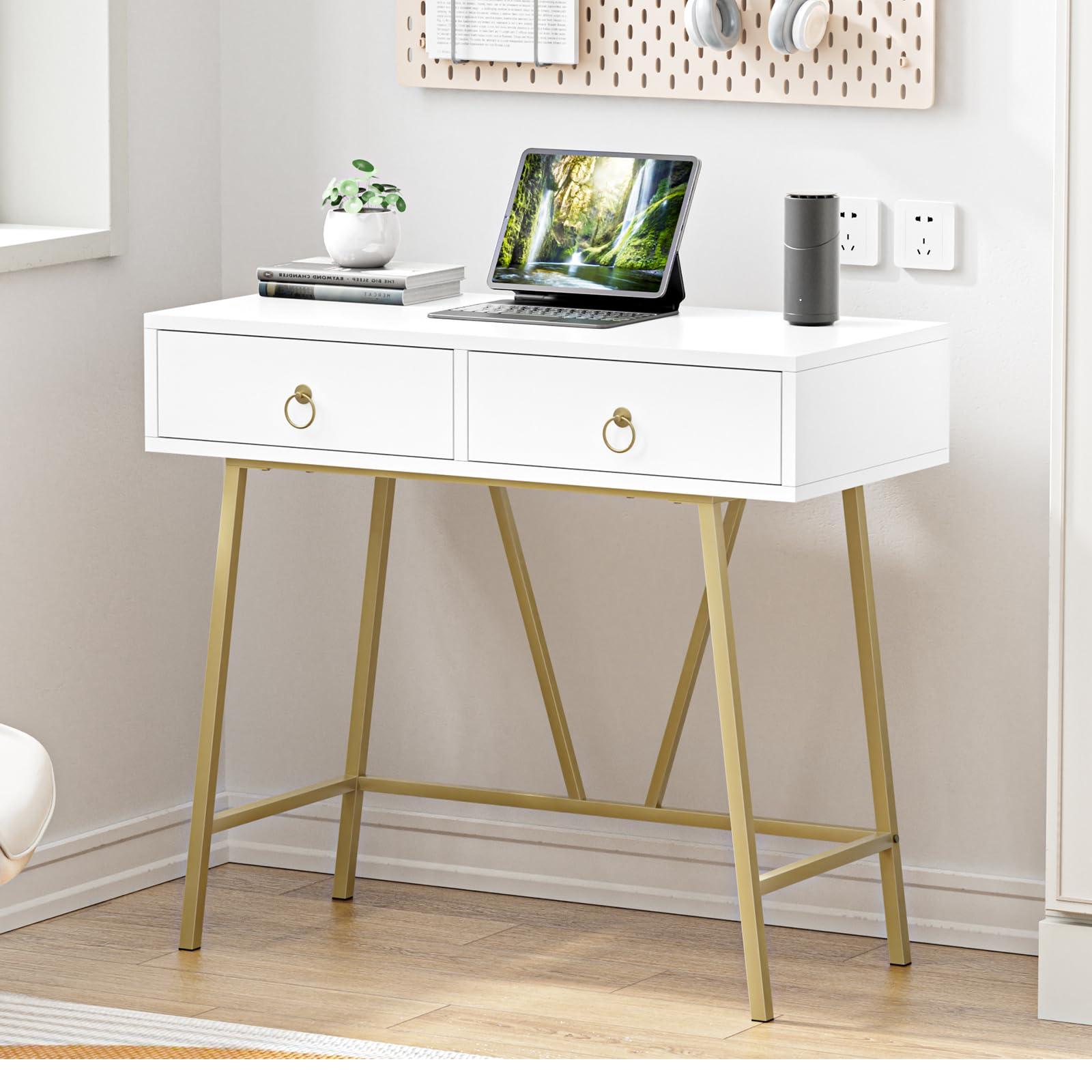 Anmytek 35.4 Inch Modern White Home Office Desk with 2 Drawers & Golden Legs - Study Writing Computer Makeup Vanity Table for Small Spaces, Dorm Room, Bedroom Workspace (Model D0002)