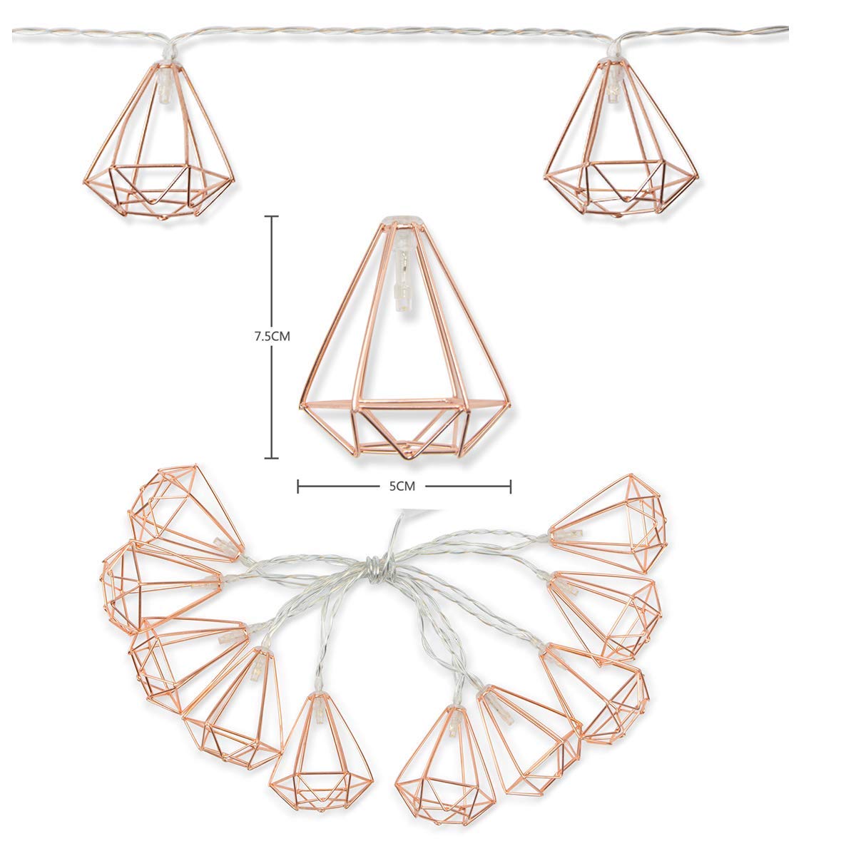 Rose Gold Metal String Lights - 10ft 20 LED Battery Powered Geometric Fairy Lights for Indoor Decor | Perfect for Christmas, Wedding, Party & Home Decoration (Polyhedral Design) - Create Cozy Ambiance in Bedroom, Patio or Special Events