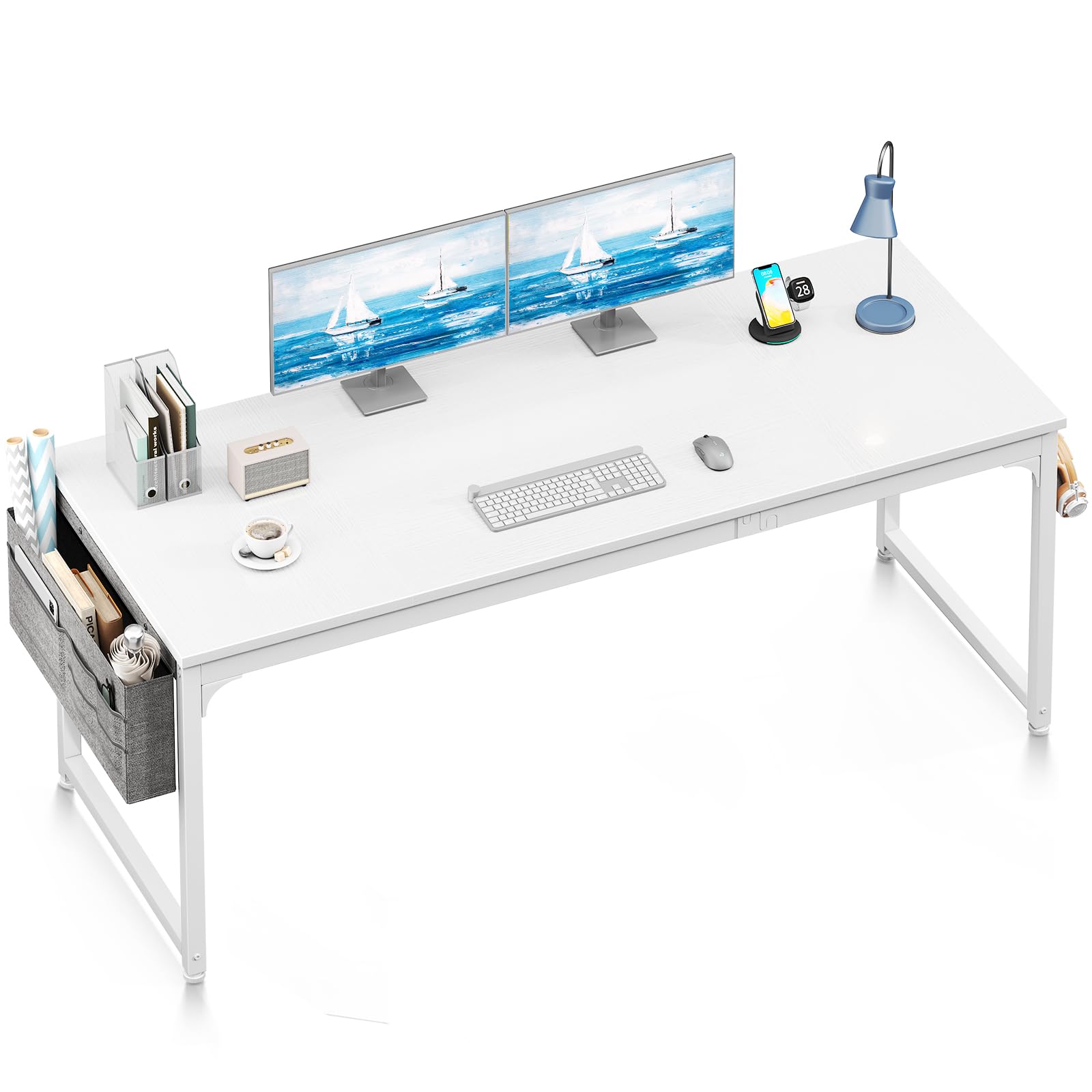 63 Inch ODK Large Computer Desk with Storage | Modern Office & Gaming Desk for Home | PC Work Table with Headphone Hook & Splice Board | White & White Leg | Perfect for Remote Work, Gaming Setup & Home Office
