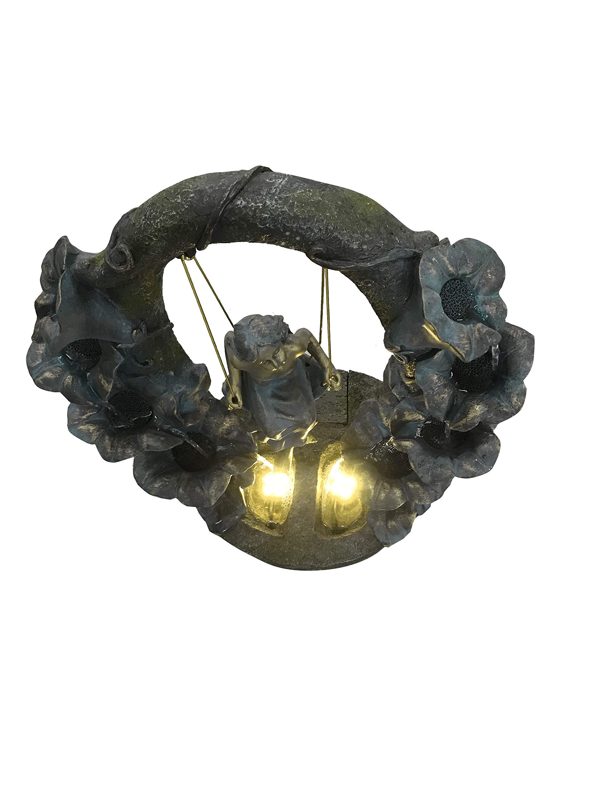 Hi-Line Gift Ltd. Outdoor LED Swing Girl Fountain Statue - 2 Warm White Lights, Grey/Natural Stone Finish - Perfect for Garden Decor, Patio, Yard & Landscape Lighting