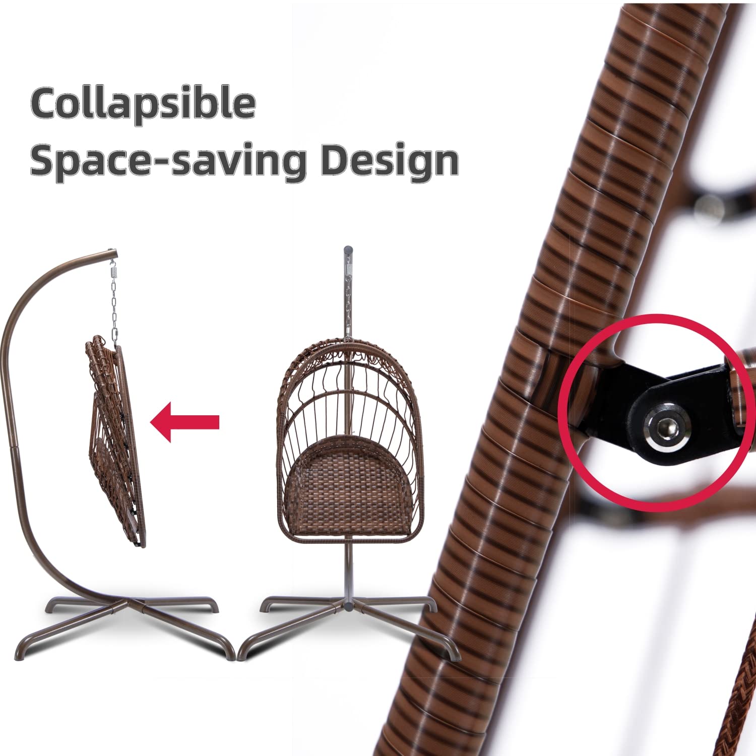 Brown Wicker Egg Chair with Stand - Indoor/Outdoor Hanging Swing Chair with Soft Deep Cushion - Relaxing Basket Chair for Patio, Garden, Living Room & Bedroom