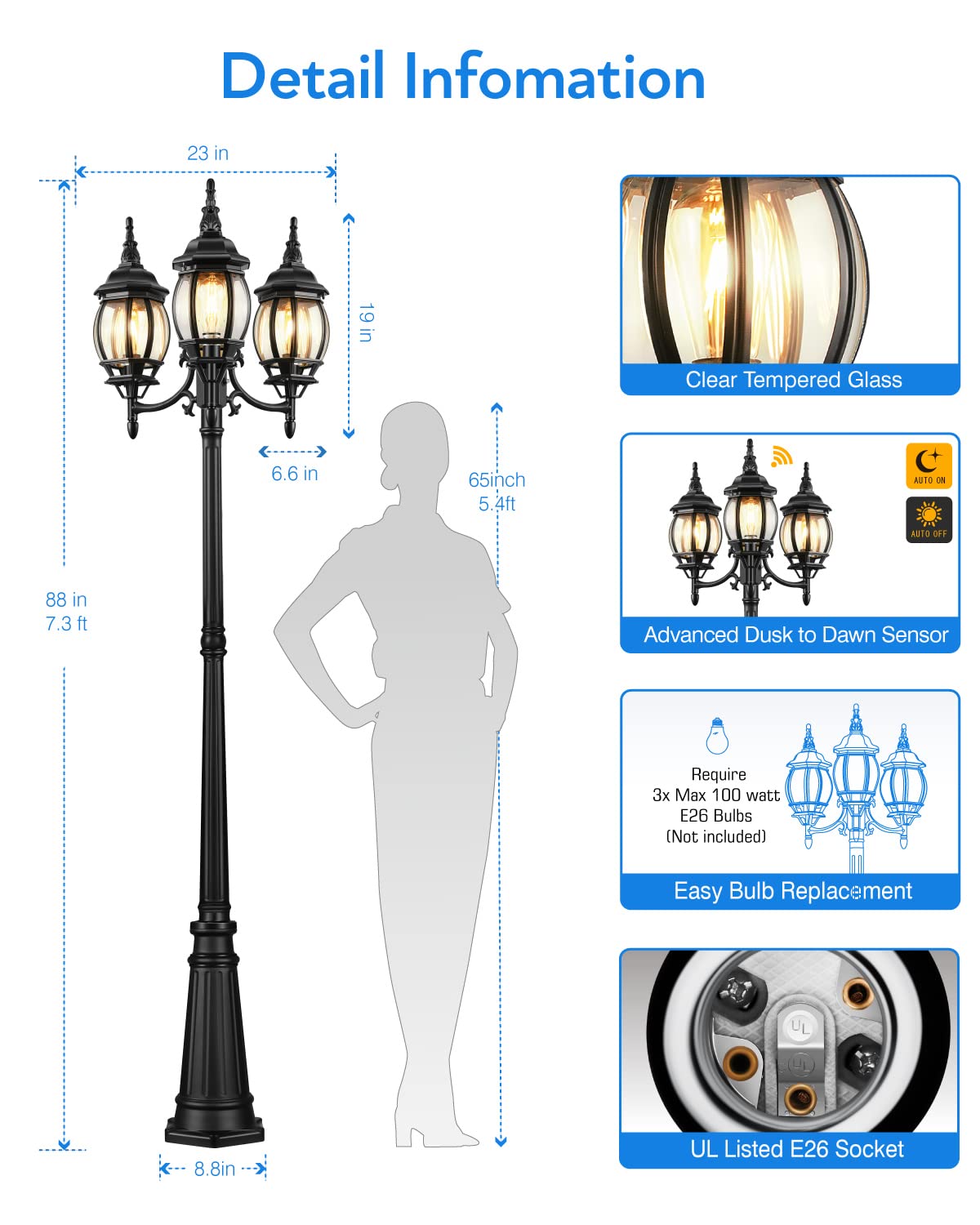 VIANIS 3-Head Outdoor Lamp Post with Dusk to Dawn Sensor - Waterproof Aluminum Street Light with Tempered Glass for Garden, Backyard, Driveway & Christmas Decor - Perfect for Landscape Lighting and Holiday Illumination