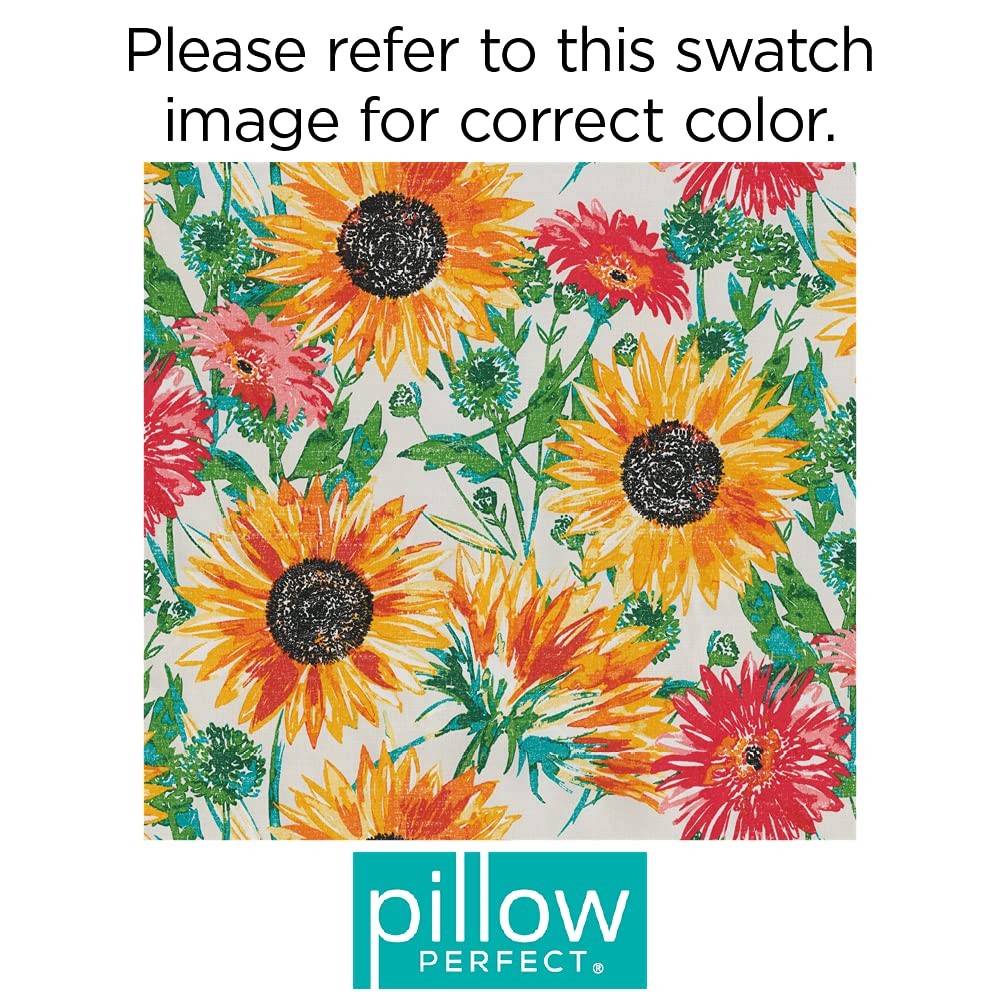 Pillow Perfect Bright Floral Indoor Outdoor Chair Cushion - 1-Piece Split Back Design with Ties, Rounded Corners & Deep Seat - Weather & Fade Resistant - 40.5 x 21 Inches - Yellow Green Sunflower Pattern - Perfect for Patio, Deck, Garden & Poolside Furniture