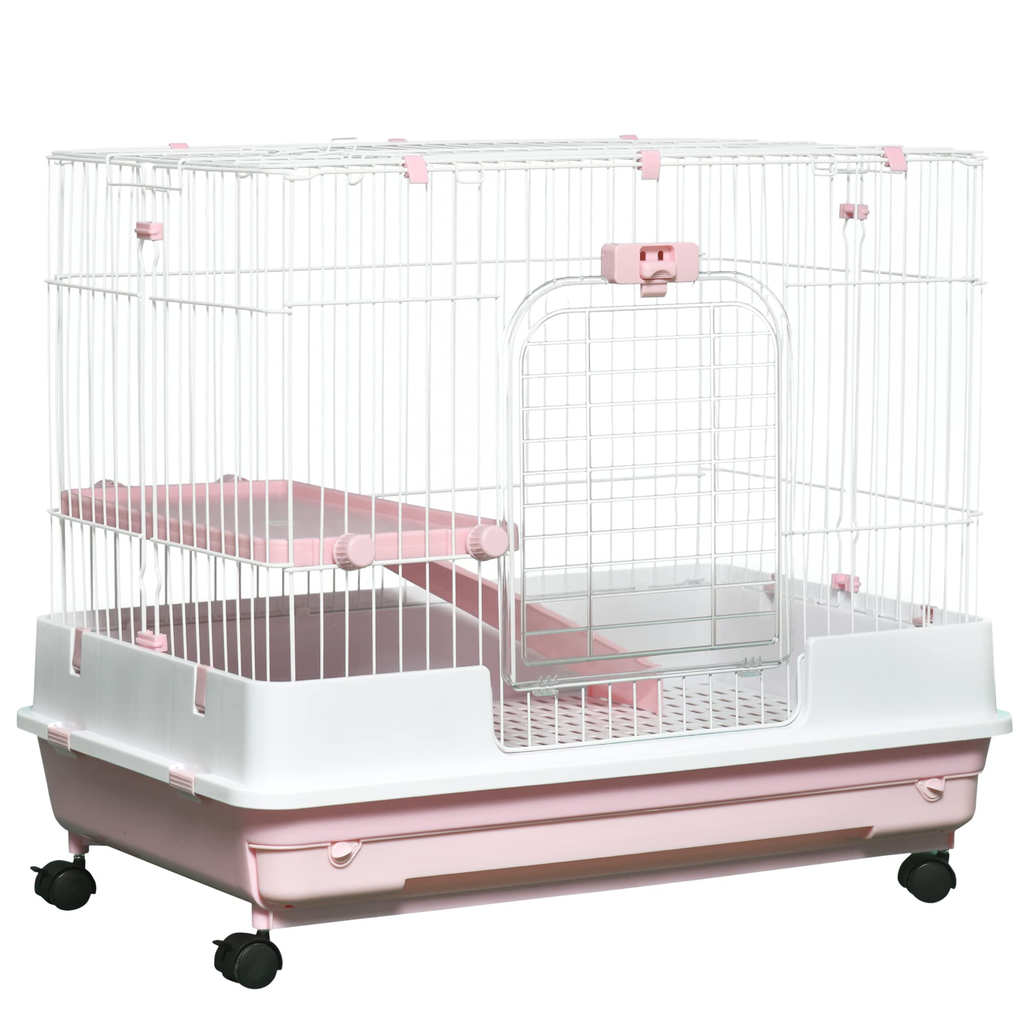 PawHut 2-Level Small Animal Cage Rabbit Hutch with Wheels, Removable Tray & Ramp - Portable Indoor/Outdoor Pet Home for Bunny, Chinchilla, Ferret, Guinea Pig (Pink) - Perfect for Backyard, Patio or Kids Room