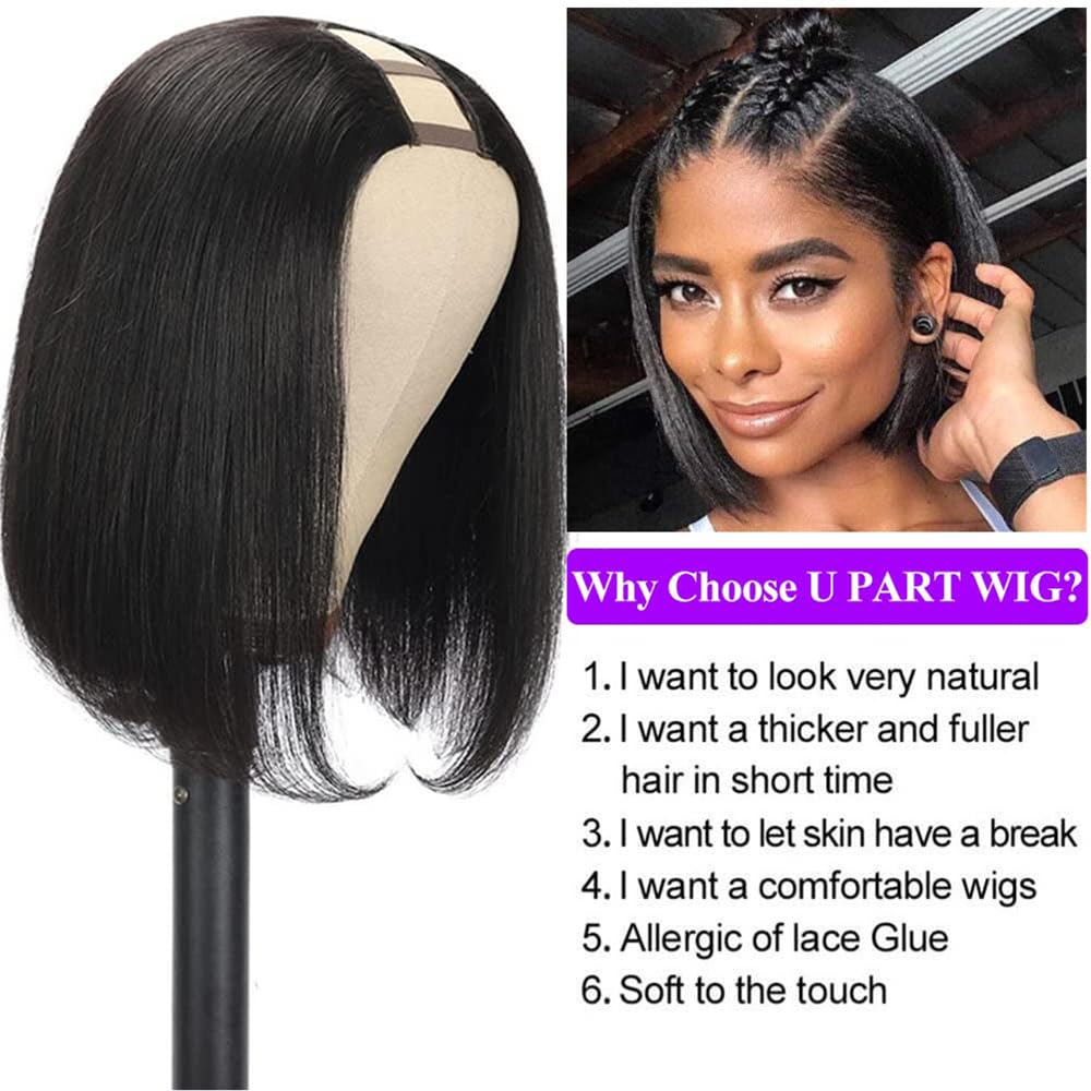 10inch Brazilian Remy Human Hair U Part Wig - Straight Bob Wig for Black Women | Clip-in Hair Extensions | Natural Black Color | Perfect for Daily Wear, Parties & Special Occasions