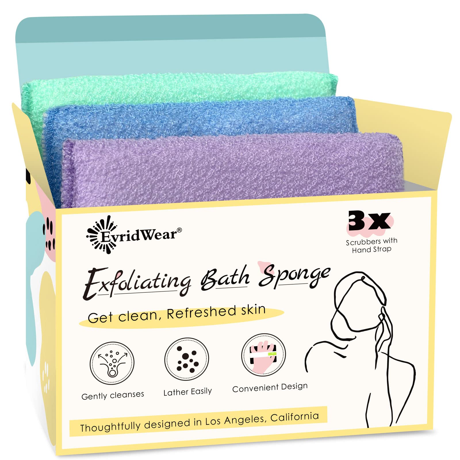 Evridwear Exfoliating Bath Sponge & Body Scrubber - 3 Pack Loofah Shower Pads with Strap for Dead Skin Removal, Daily Skincare & Body Cleansing - Macaron Colors - Perfect for Shower, Spa & Exfoliation Routine