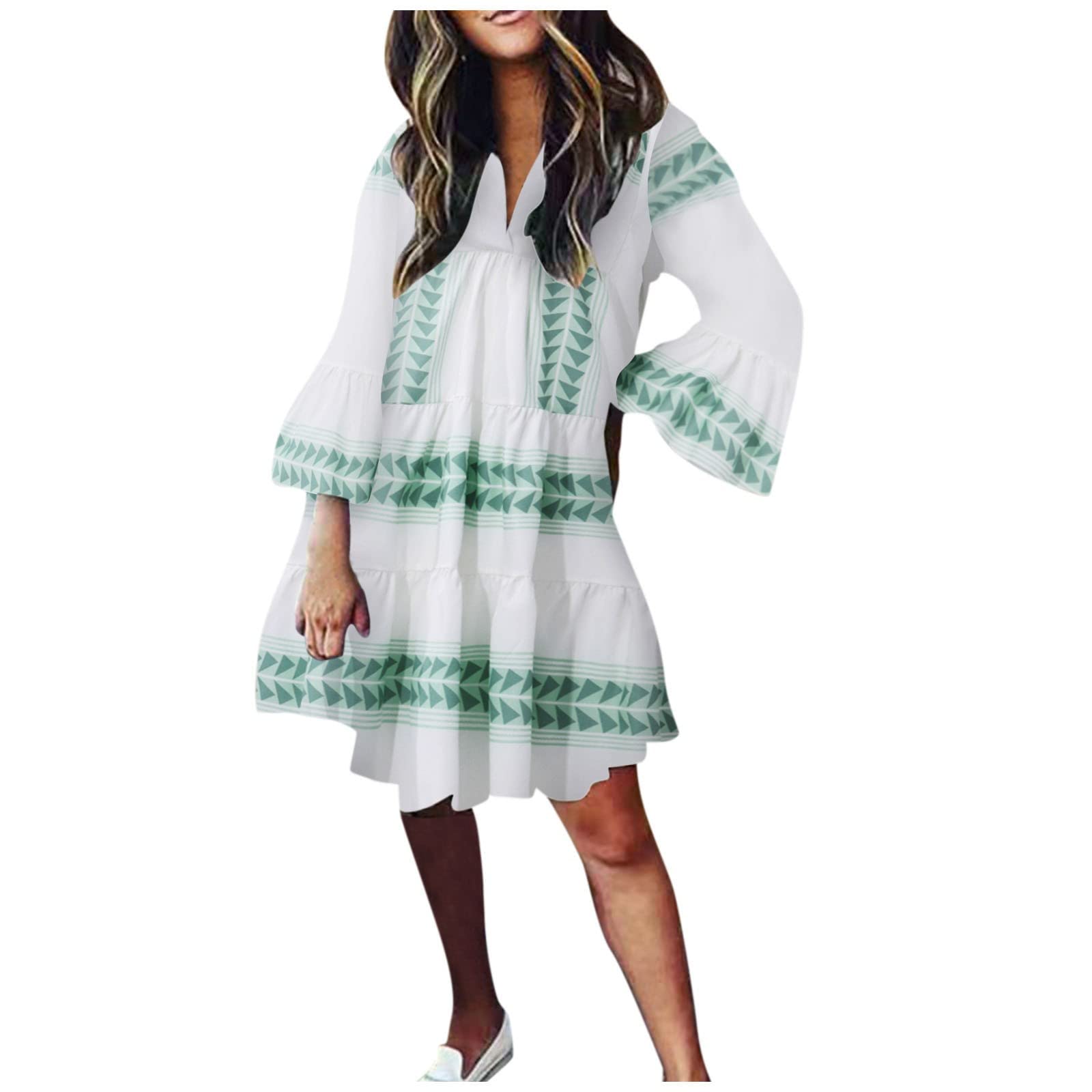 Boho Floral Summer Dress for Women - V Neck Long Sleeve Flowy Mini Dress | Casual Beach Wear, Vacation Outfit, Festival Fashion