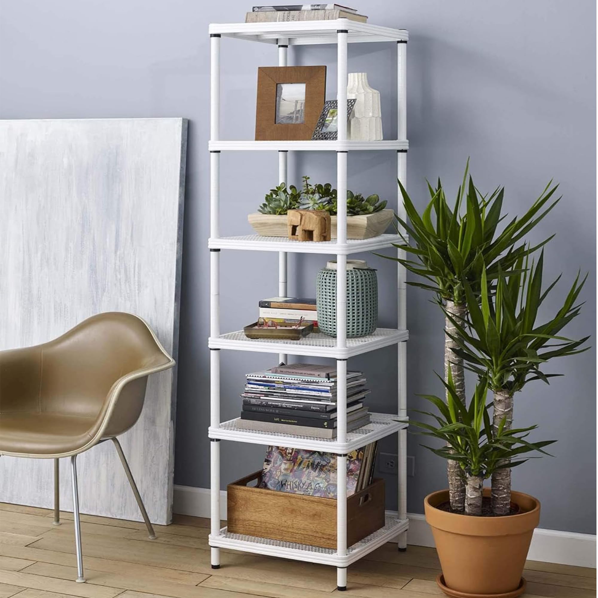 MeshWorks 6-Tier Narrow Metal Storage Shelf Tower - 17.7”x17.7”x70.9” White Organizer for Kitchen, Bathroom, Garage, Pantry & Laundry Room - Space-Saving Vertical Storage Solution for Small Spaces