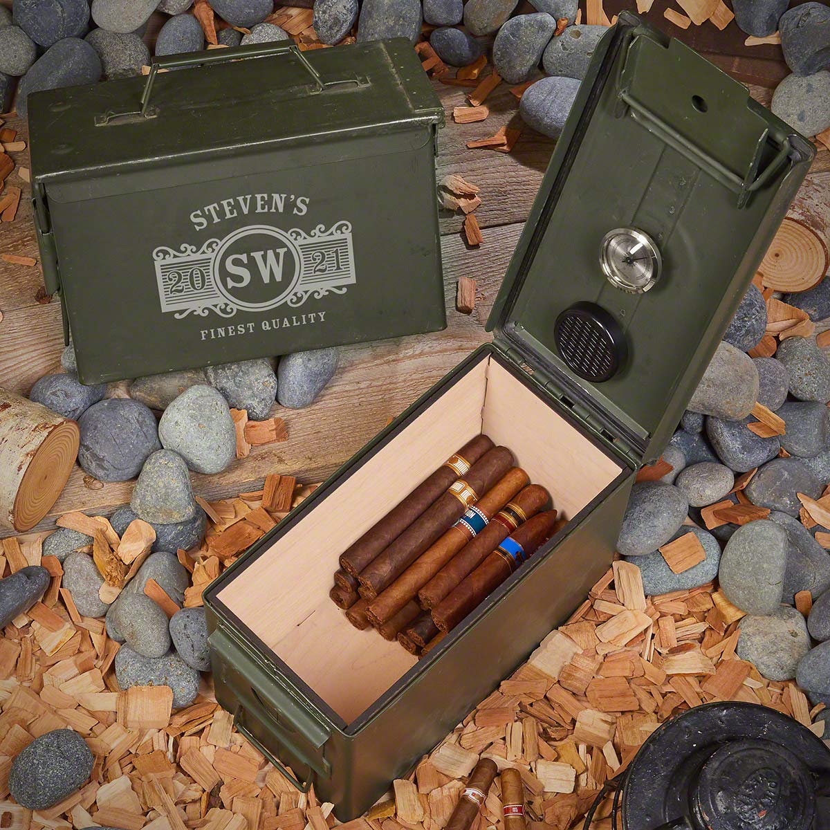 50 Cal Ammo Can Humidor - Custom Marquee Design for Cigars | Perfect for Home, Office, or Man Cave Storage
