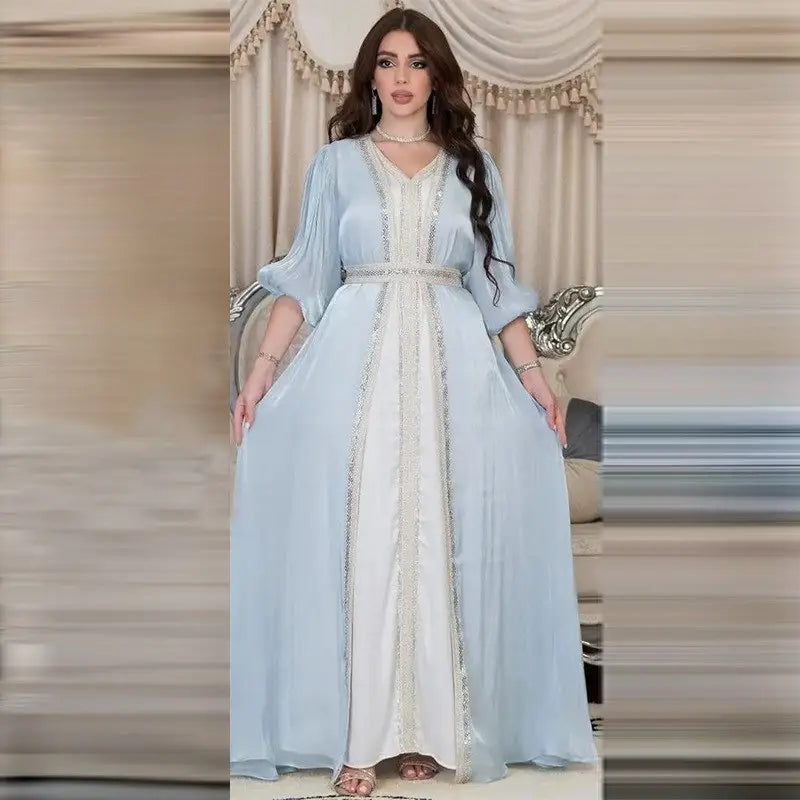 Elegant 2-Piece Eid Dress Set - Hotfix Rhinestone Satin Open Abaya Kaftan with Matching Sleeveless Inner Dress | Perfect for Eid Celebrations, Weddings & Special Occasions