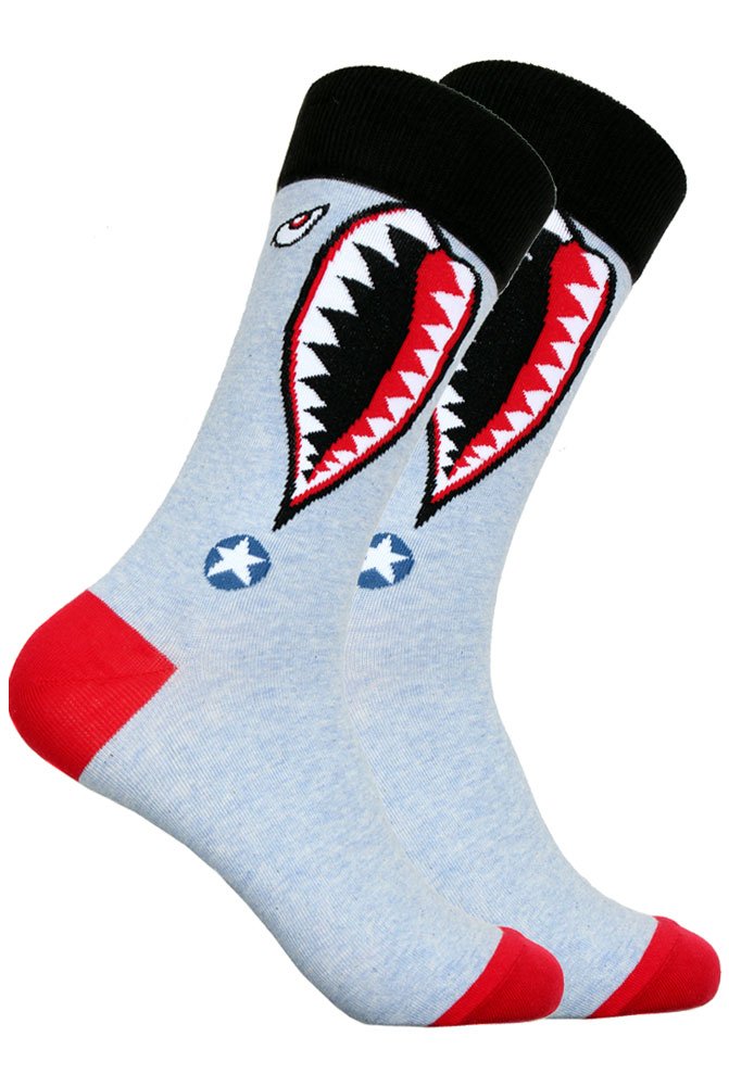 Men's Fighter Plane Shark Novelty Socks - Fun Aviation & Marine Themed Crew Socks for Casual Wear, Gifts & Costume Accessories